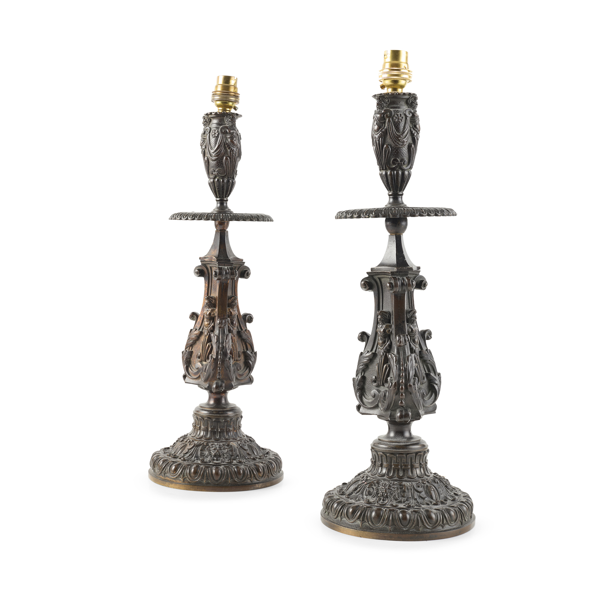 PAIR OF PATINATED BRONZE RENAISSANCE REVIVAL CANDLESTICKS