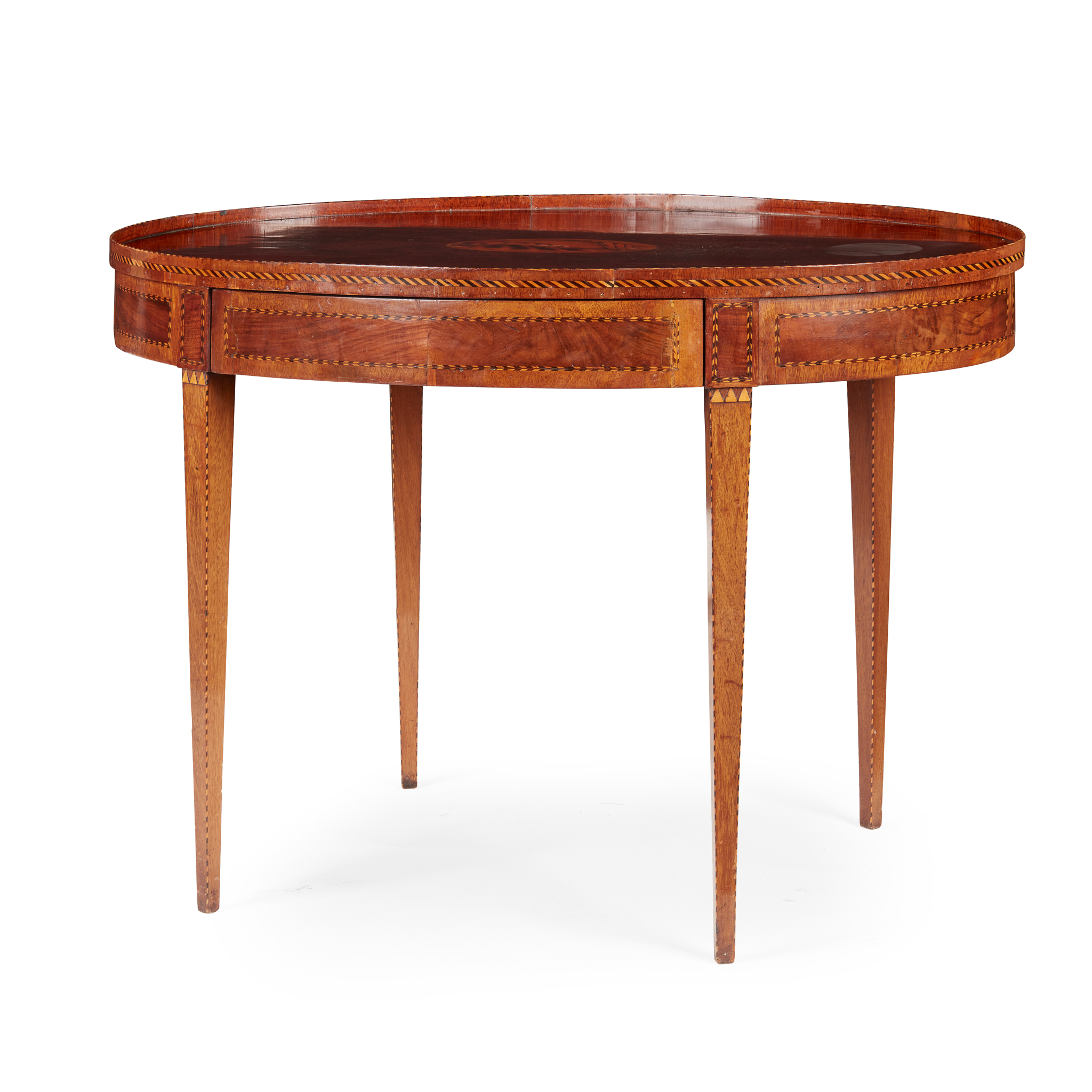 A DUTCH MAHOGANY AND MARQUETRY OVAL CENTRE TABLE