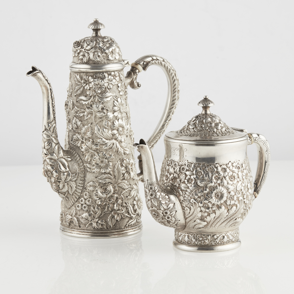 An American coffee pot and Tiffany teapot