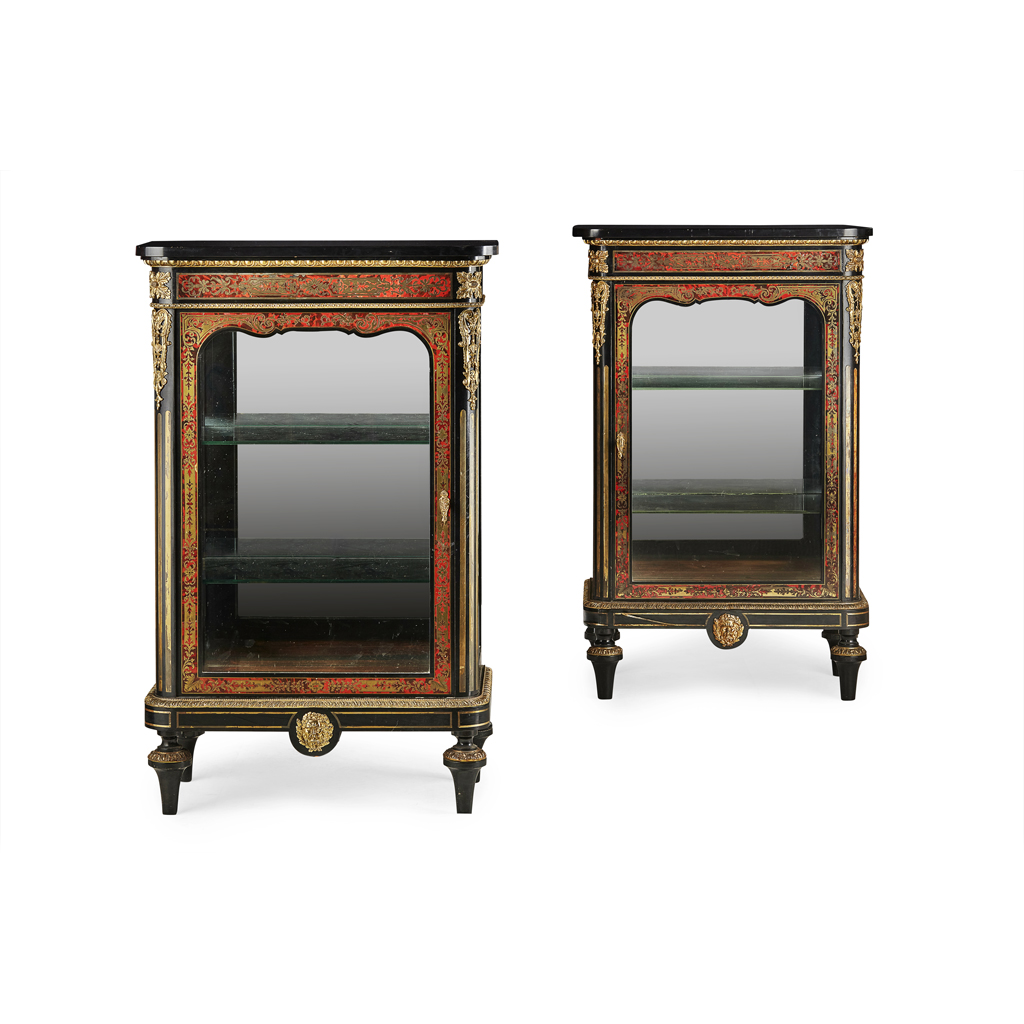 PAIR OF VICTORIAN BOULLE MARQUETRY AND EBONISED VITRINES