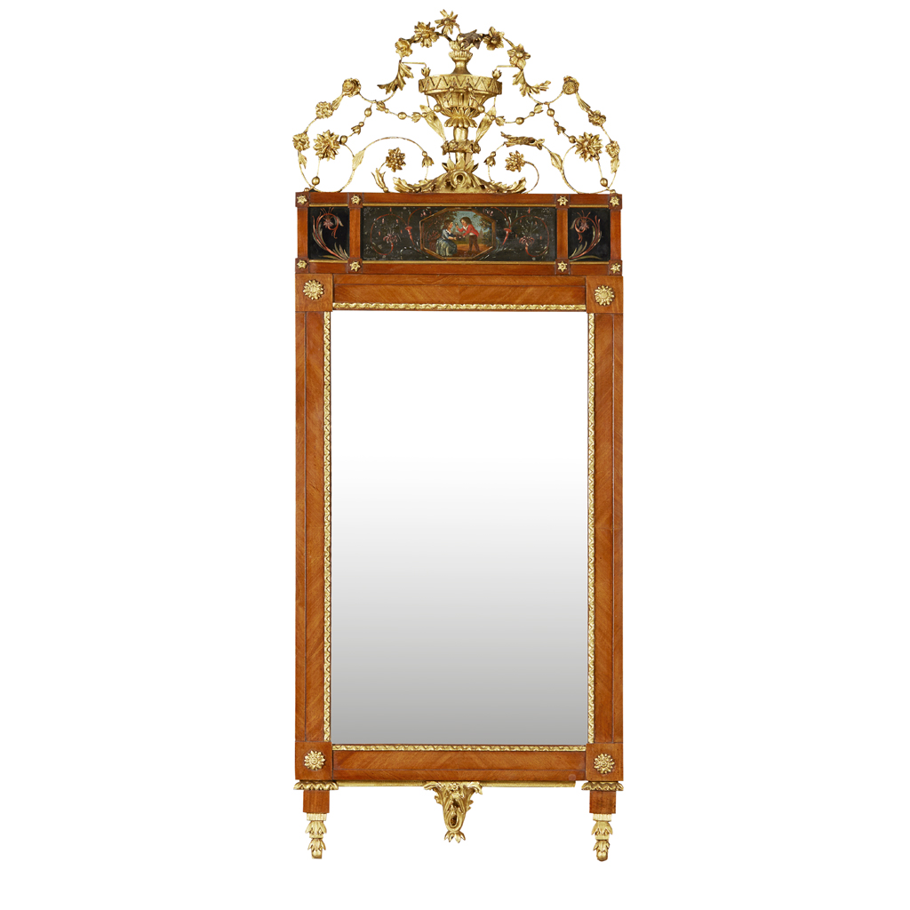 GEORGIAN STYLE MAHOGANY, PAINTED AND GILTWOOD MIRROR