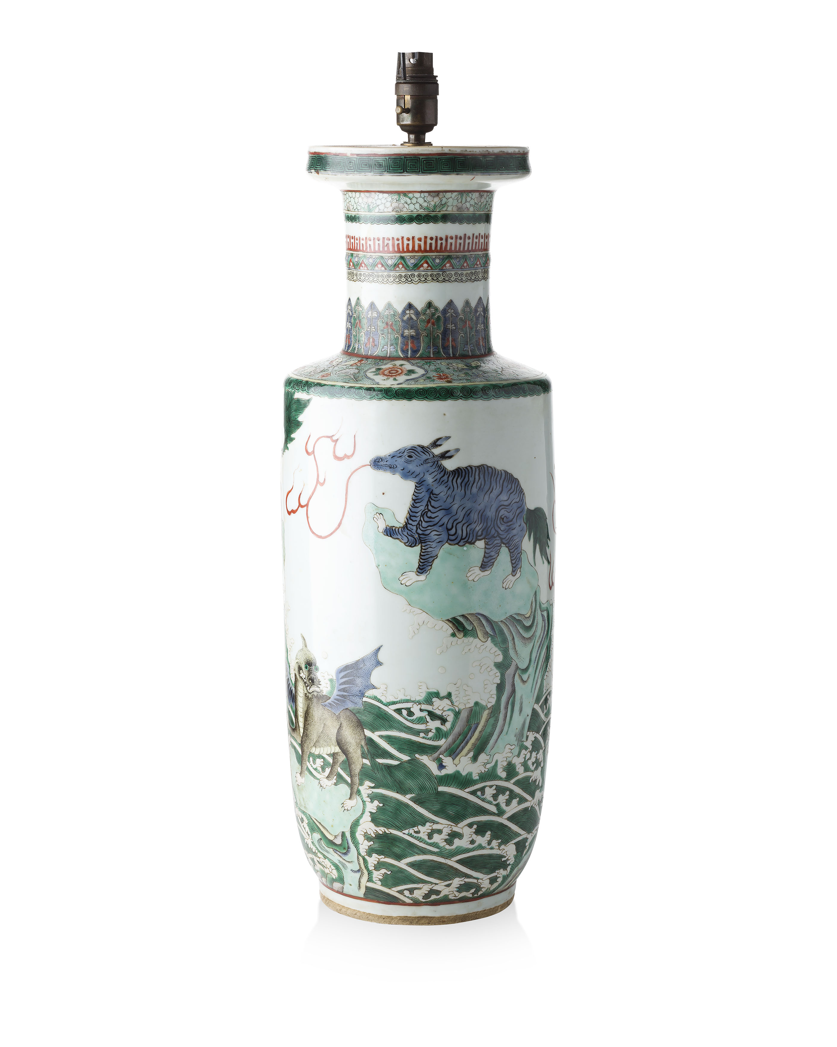 CHINESE FAMILLE VERTE PORCELAIN ROULEAU VASE