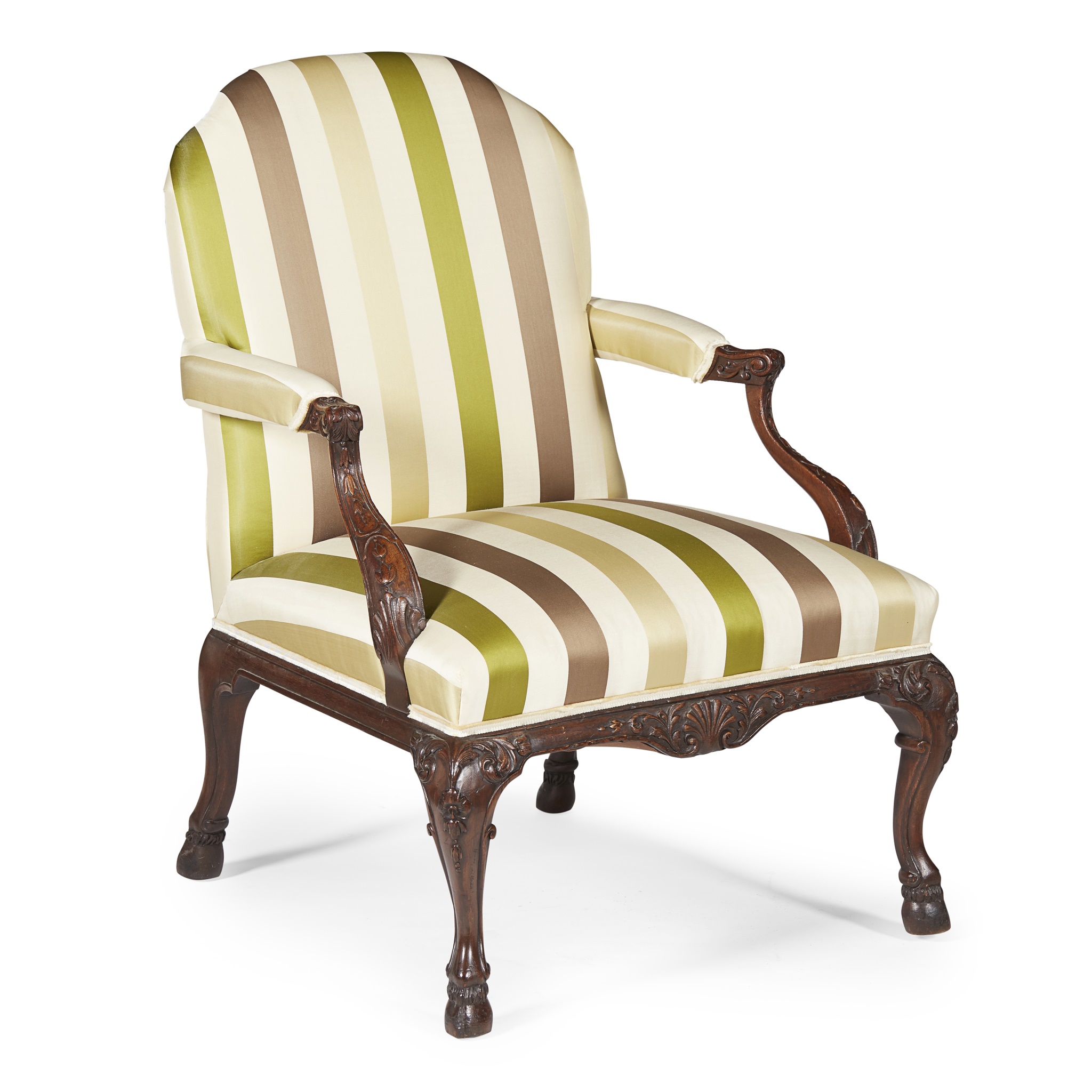 GEORGE II STYLE MAHOGANY FRAME OPEN ARMCHAIR