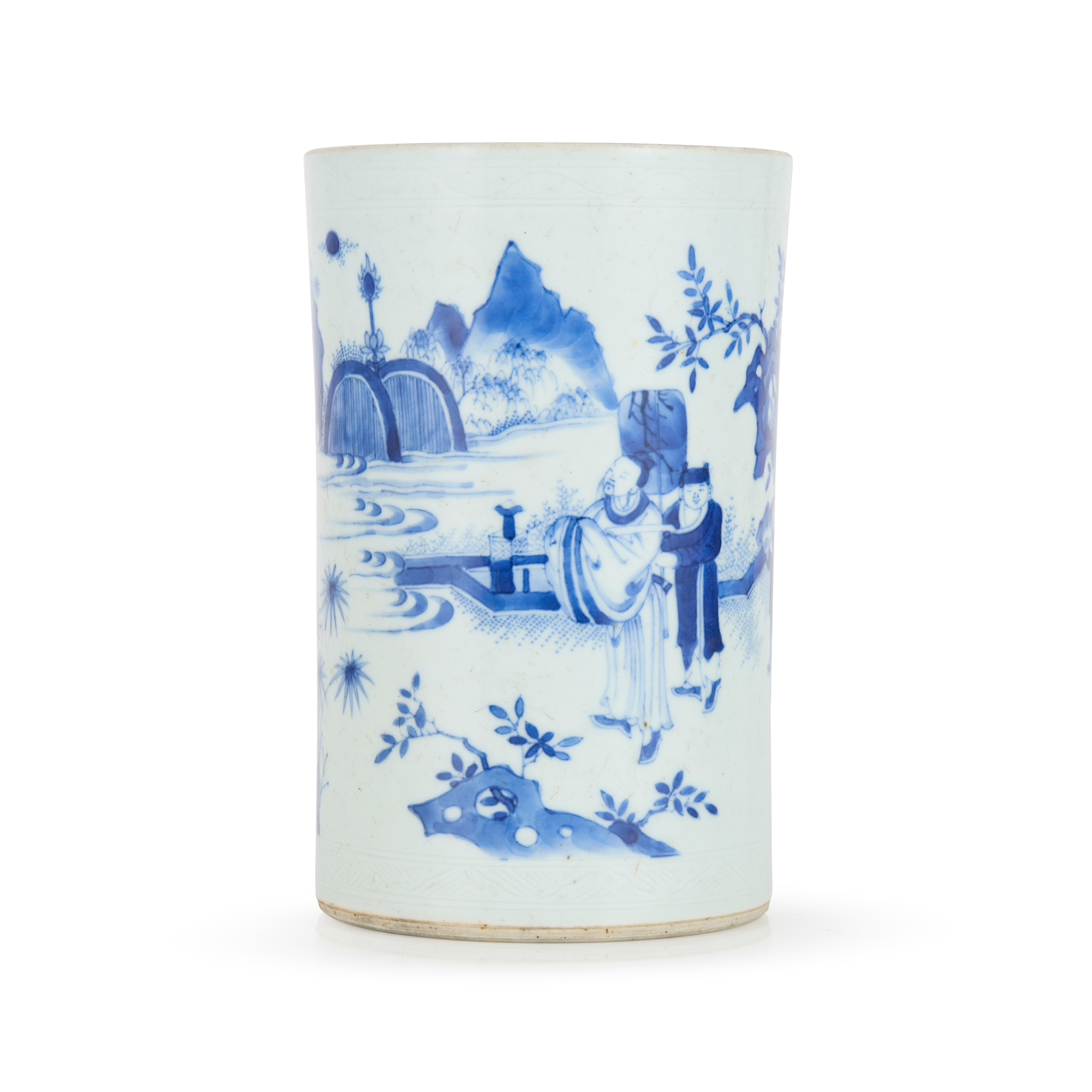 CHINESE BLUE AND WHITE 'FIGURAL' BRUSH POT