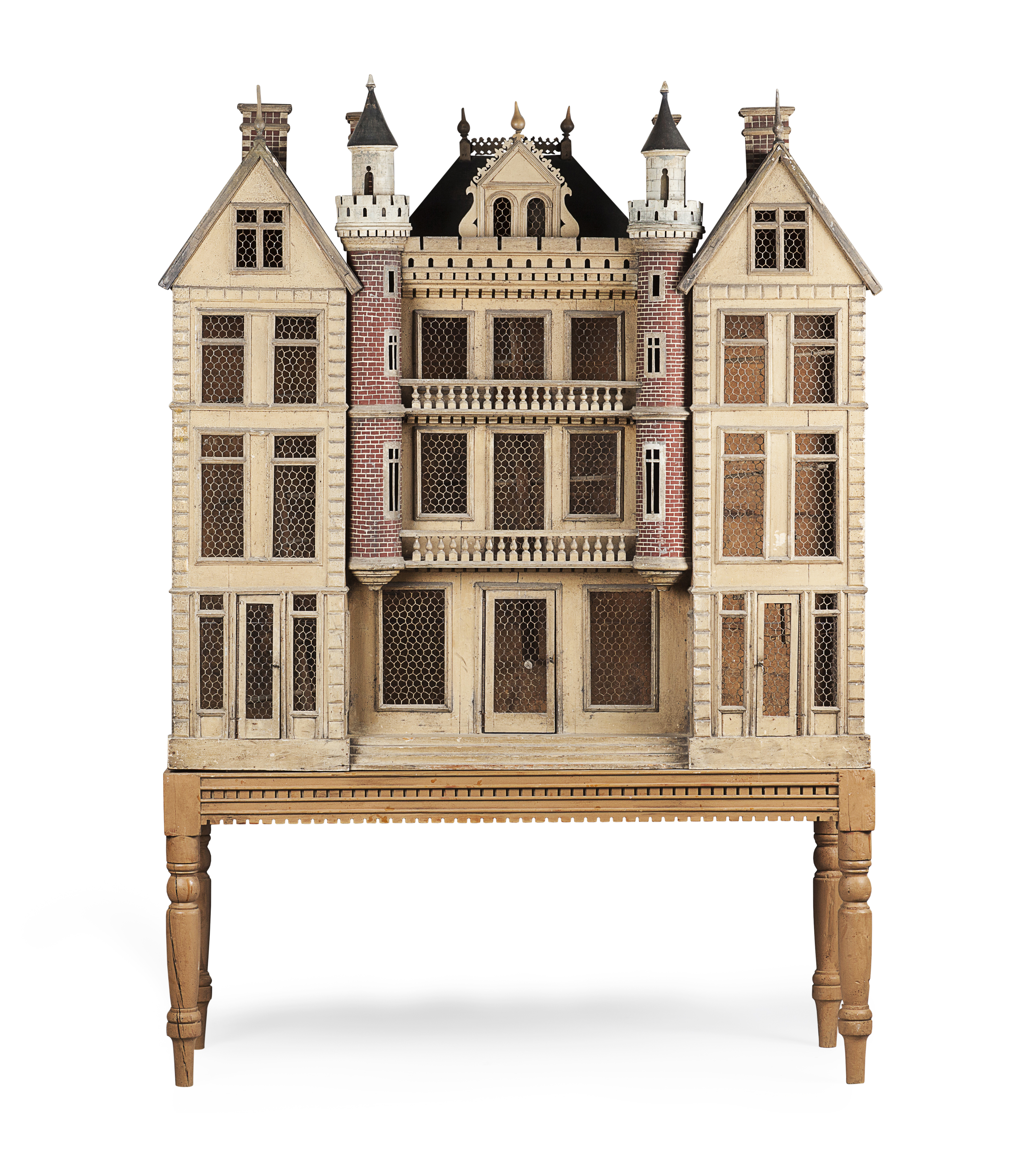LARGE FRENCH PAINTED WOOD AND TOLEWARE 'AUSTRIAN CHATEAU' BIRD CAGE