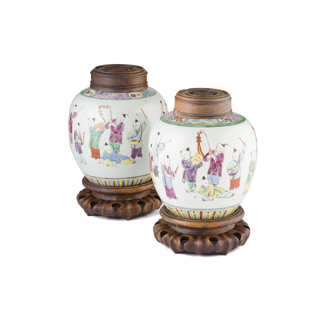 PAIR OF FAMILLE ROSE 'BOYS' GINGER JARS