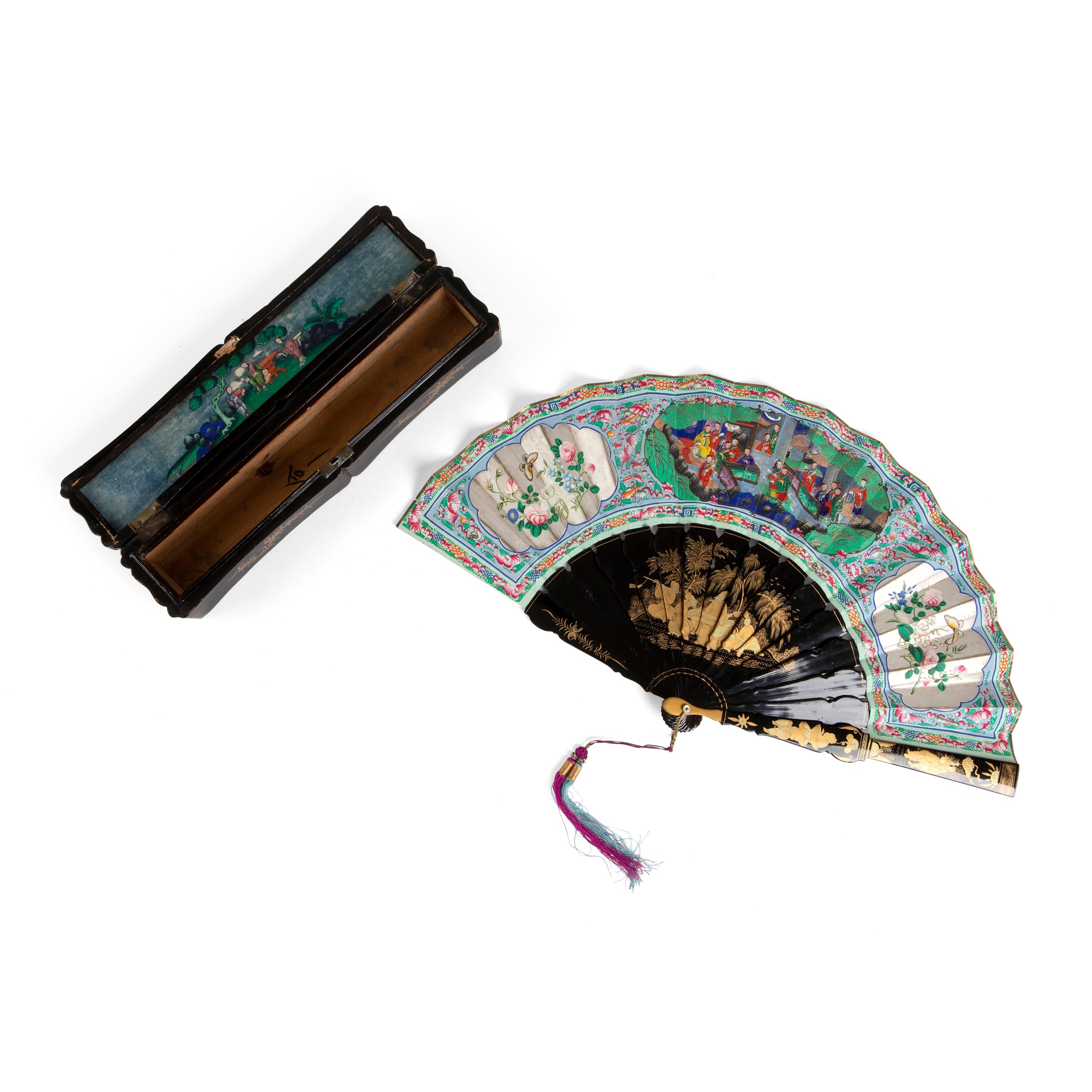 CANTON LACQUERED AND PAPER 'BIRDS AND FLOWERS' FAN WITH BOX
