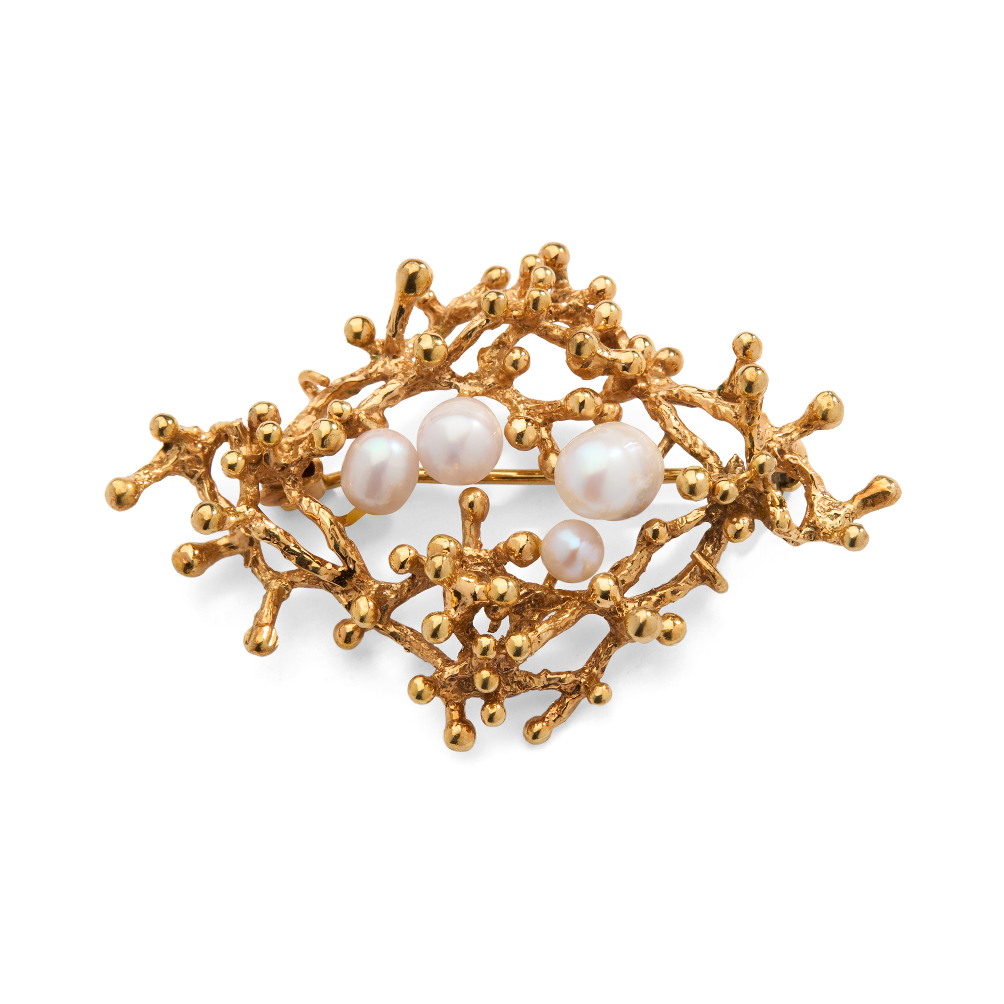 A 9CT GOLD SCOTTISH FRESHWATER PEARL ABSTRACT BROOCH
