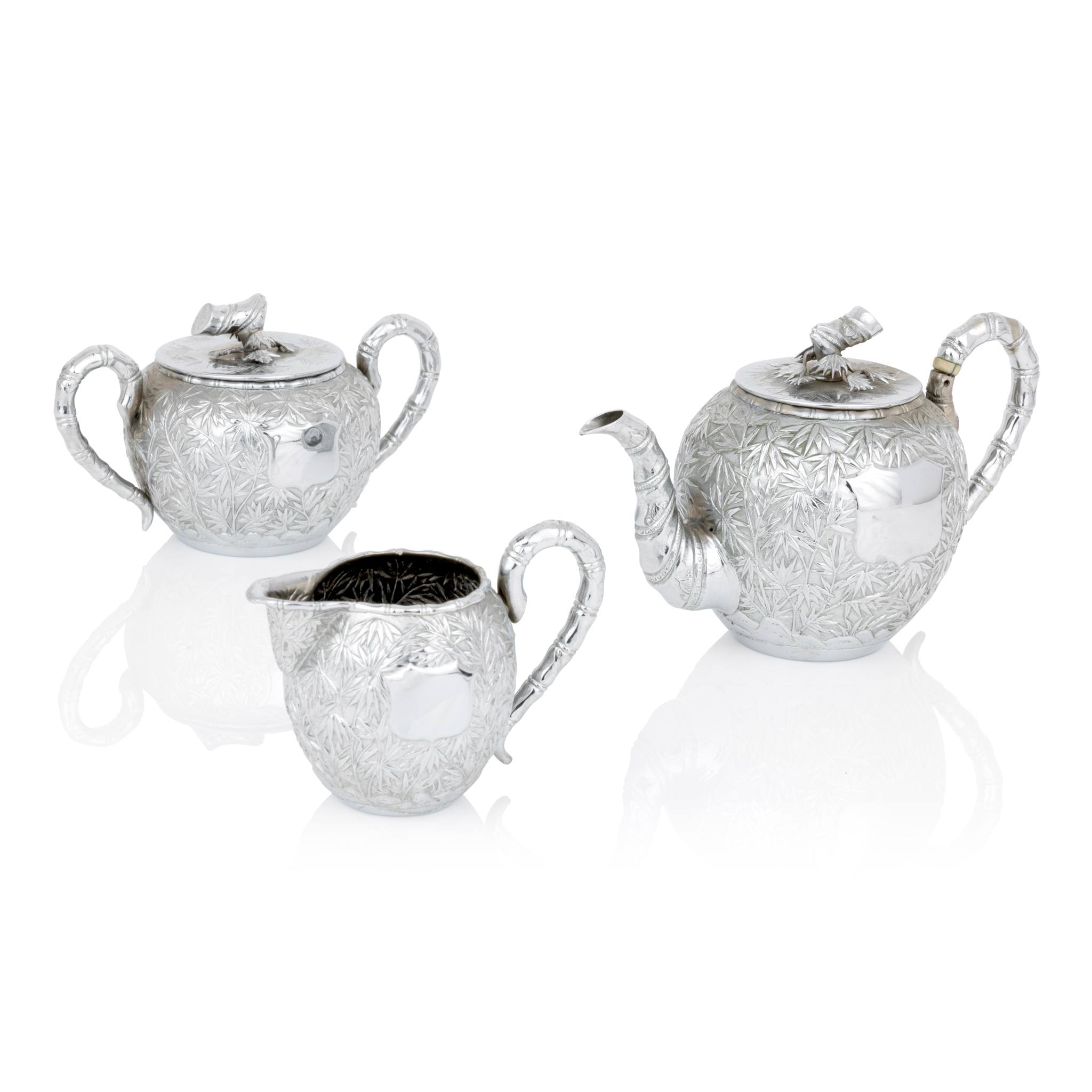 CHINESE EXPORT SILVER 'BAMBOO' THREE-PIECE TEA SERVICE