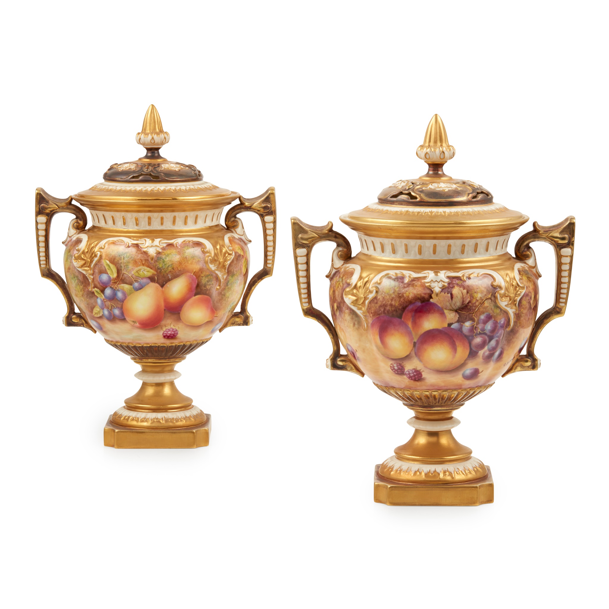 PAIR OF ROYAL WORCESTER FRUIT PAINTED TWIN HANDLED POT POURRI JARS AND COVERS