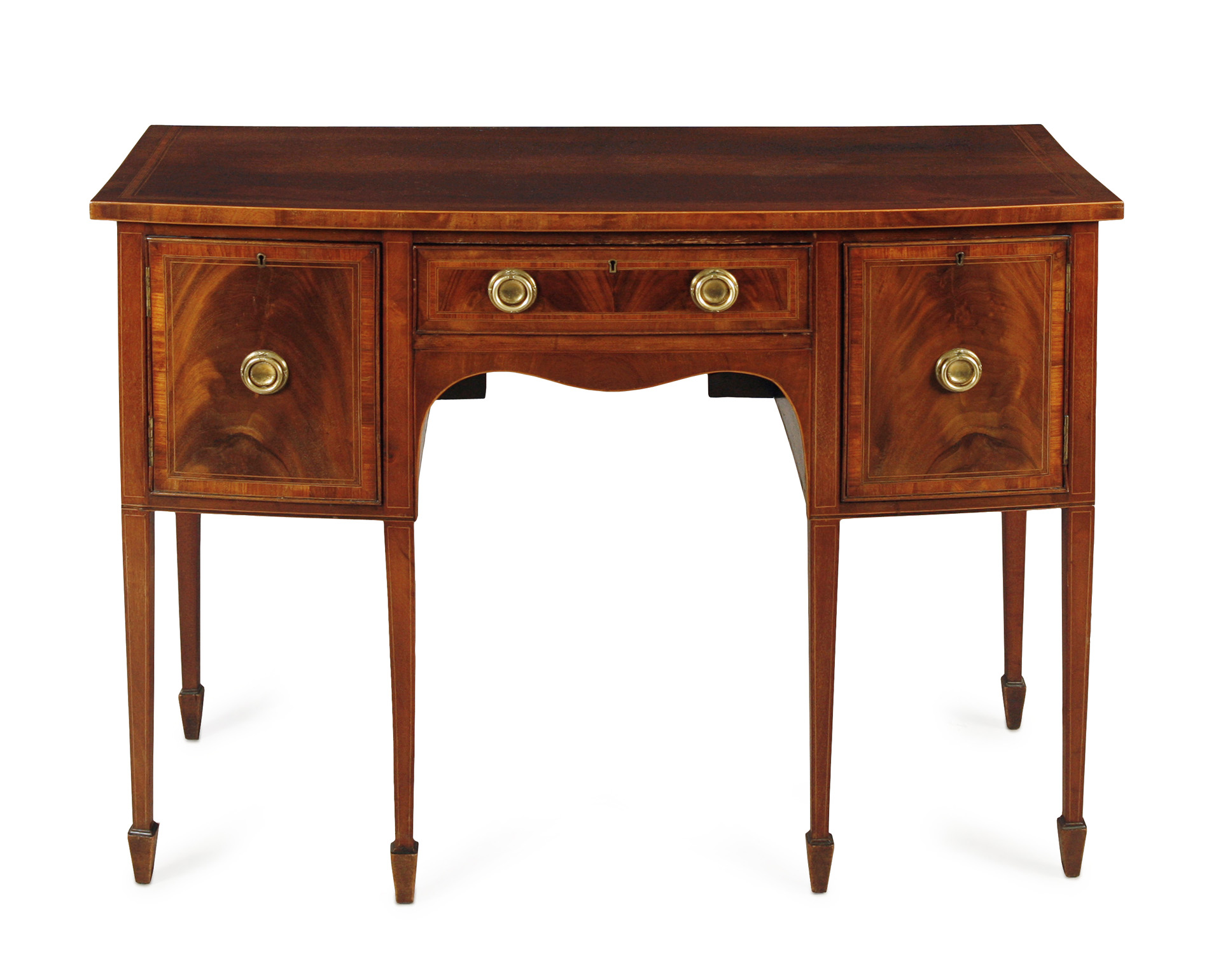 GEORGIAN STYLE MAHOGANY AND BOX STRUNG BOWFRONT SIDEBOARD