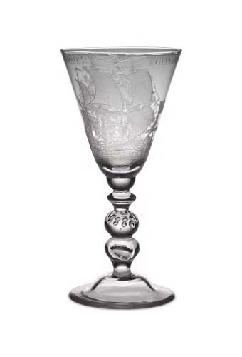 A Dutch engraved light baluster armorial and ship goblet, circa 1750,