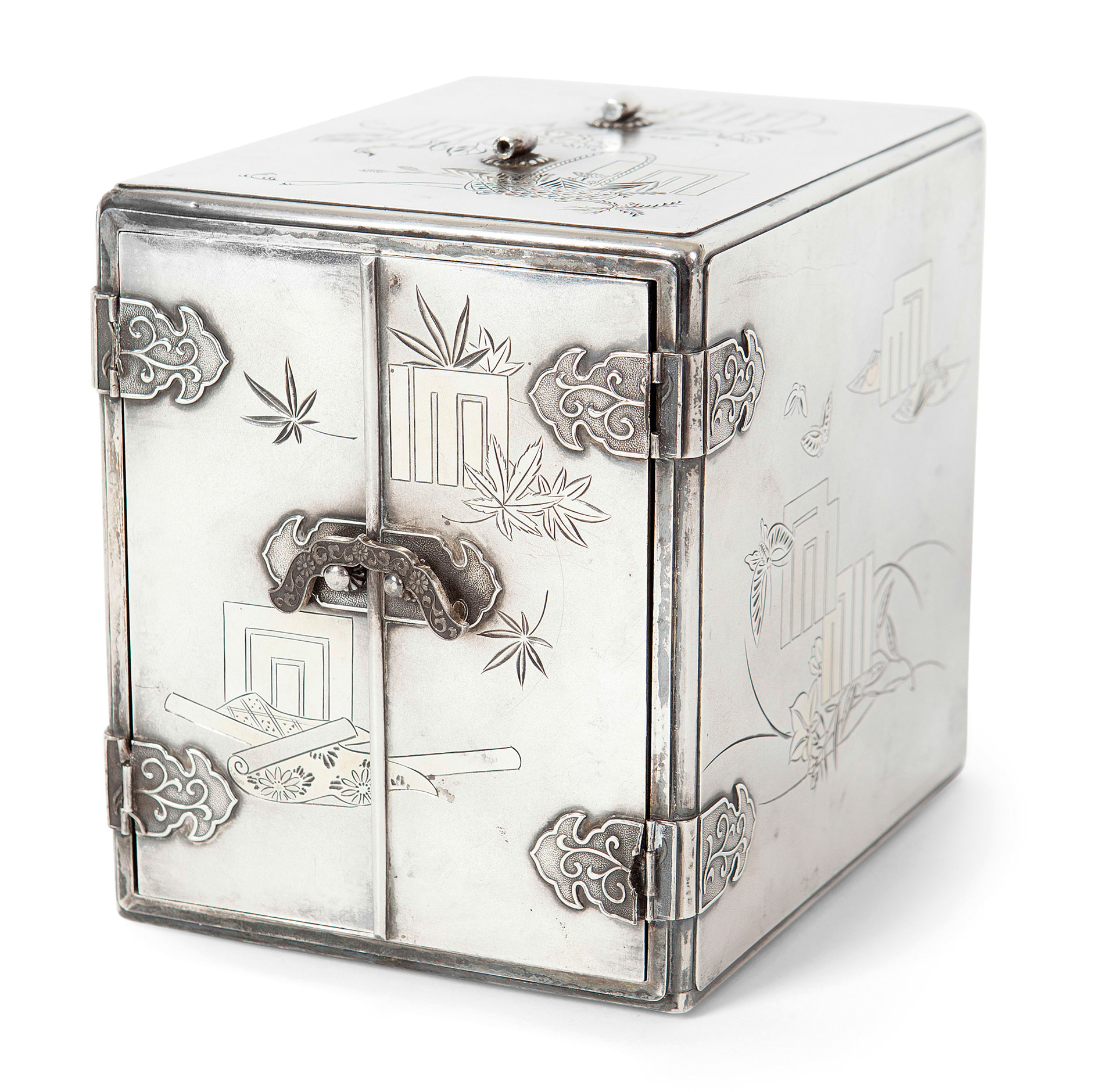 JAPANESE SILVER AND LACQUER MINIATURE TABLE CABINET