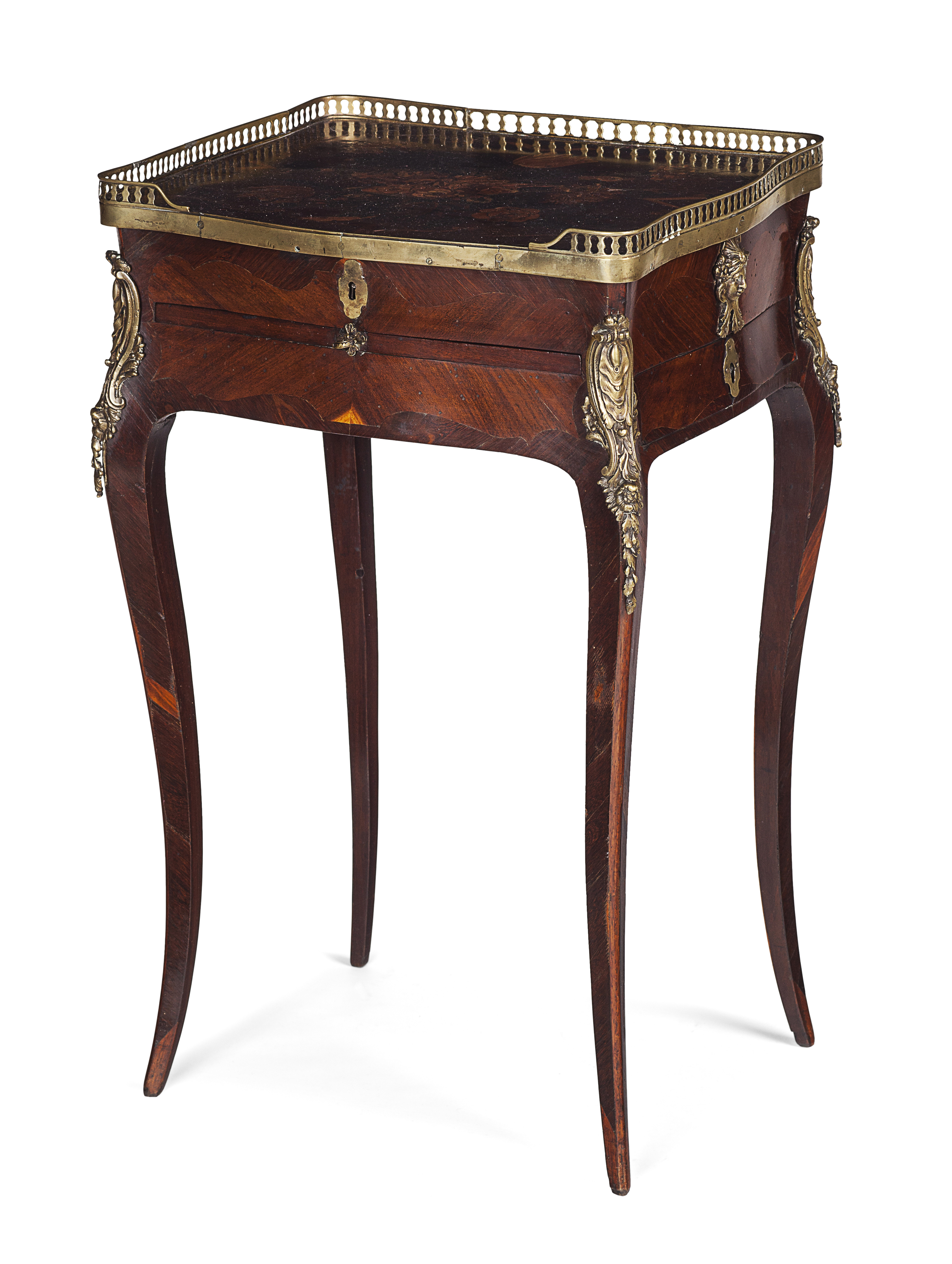 LOUIS XV STYLE KINGWOOD, AMARANTH AND MARQUETRY WORK TABLE