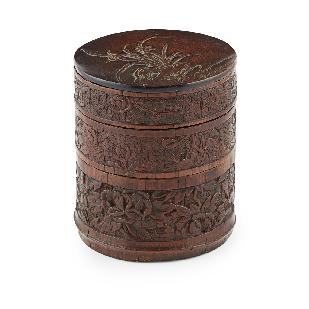 CARVED BAMBOO-VENEER HARDWOOD THREE-TIERED BOX AND COVER