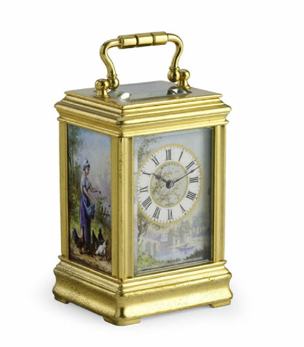 A miniature French brass and enamel carriage clock