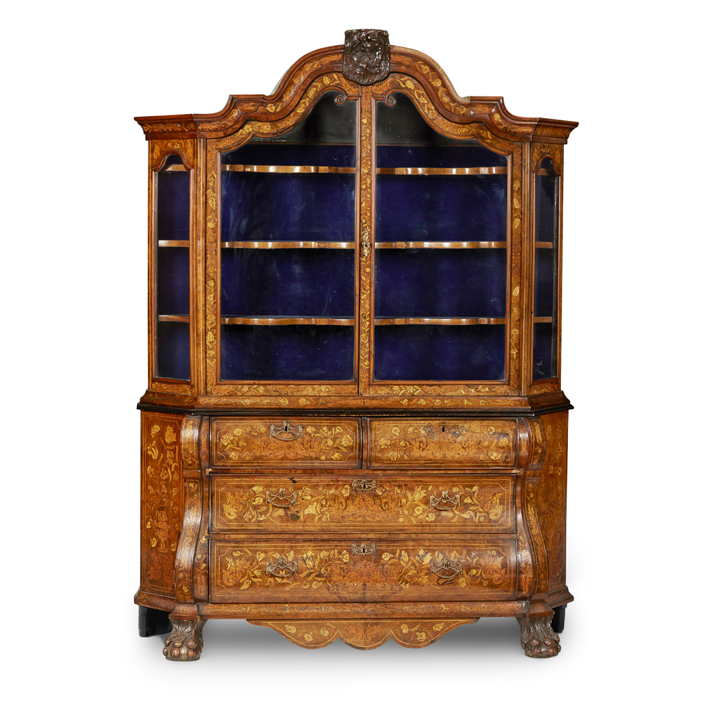 DUTCH WALNUT AND FLORAL MARQUETRY DISPLAY CABINET