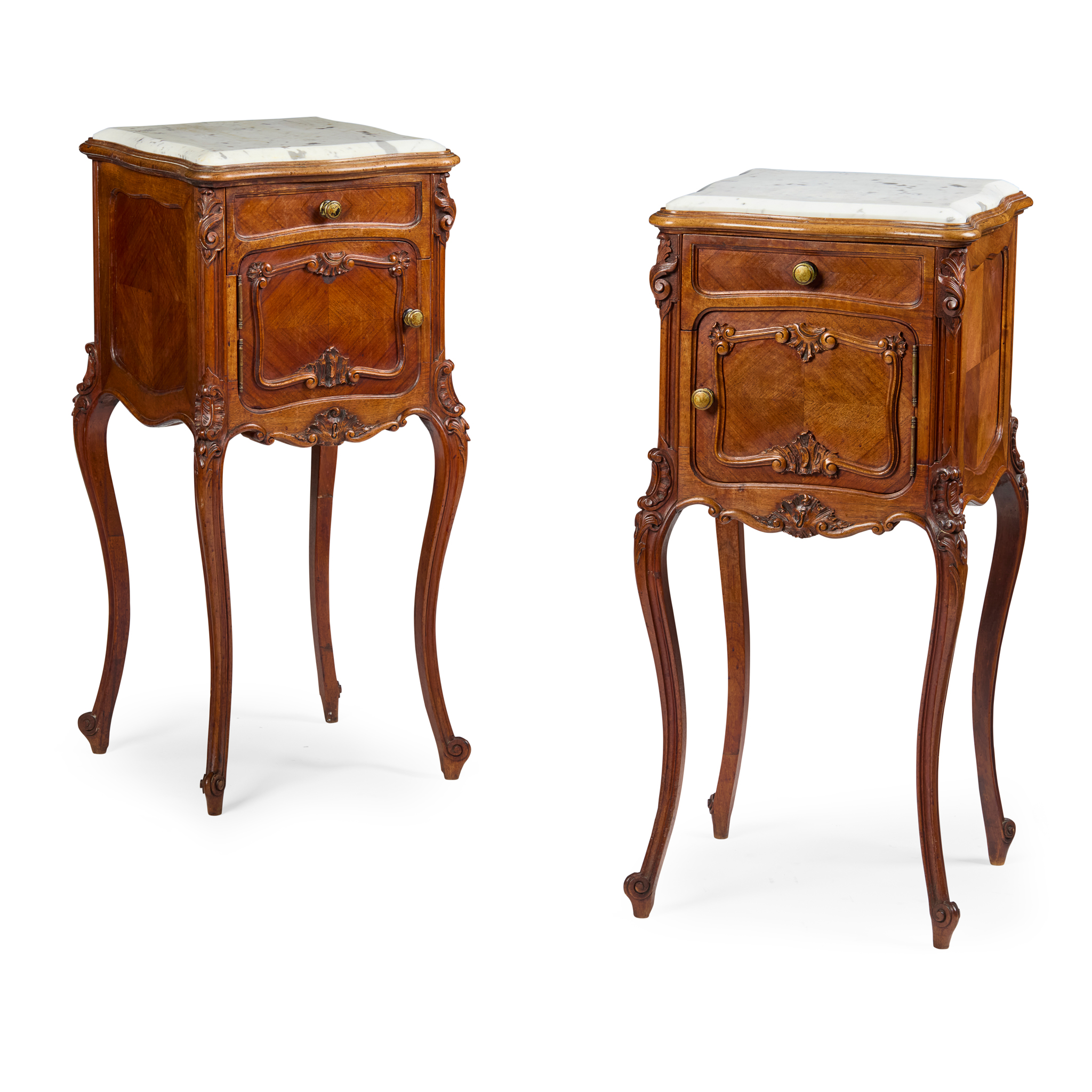 PAIR OF FRENCH WALNUT MARBLE TOPPED BEDSIDE CABINETS