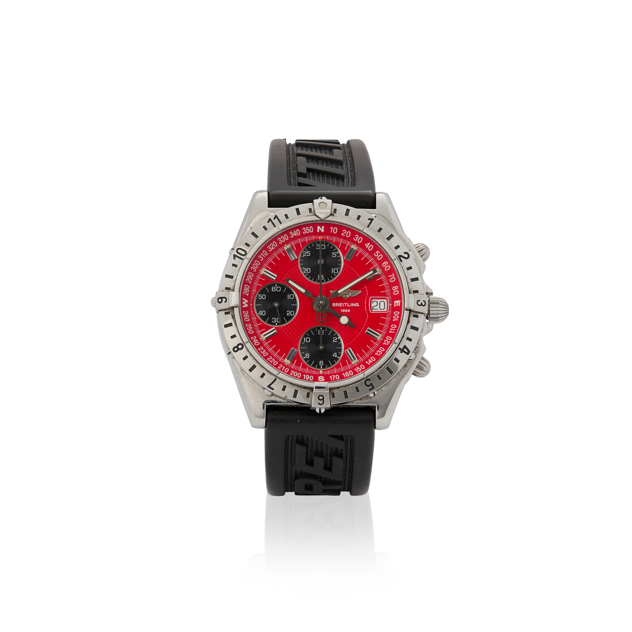 Breitling. A stainless-steel automatic chronograph wristwatch with red dial
