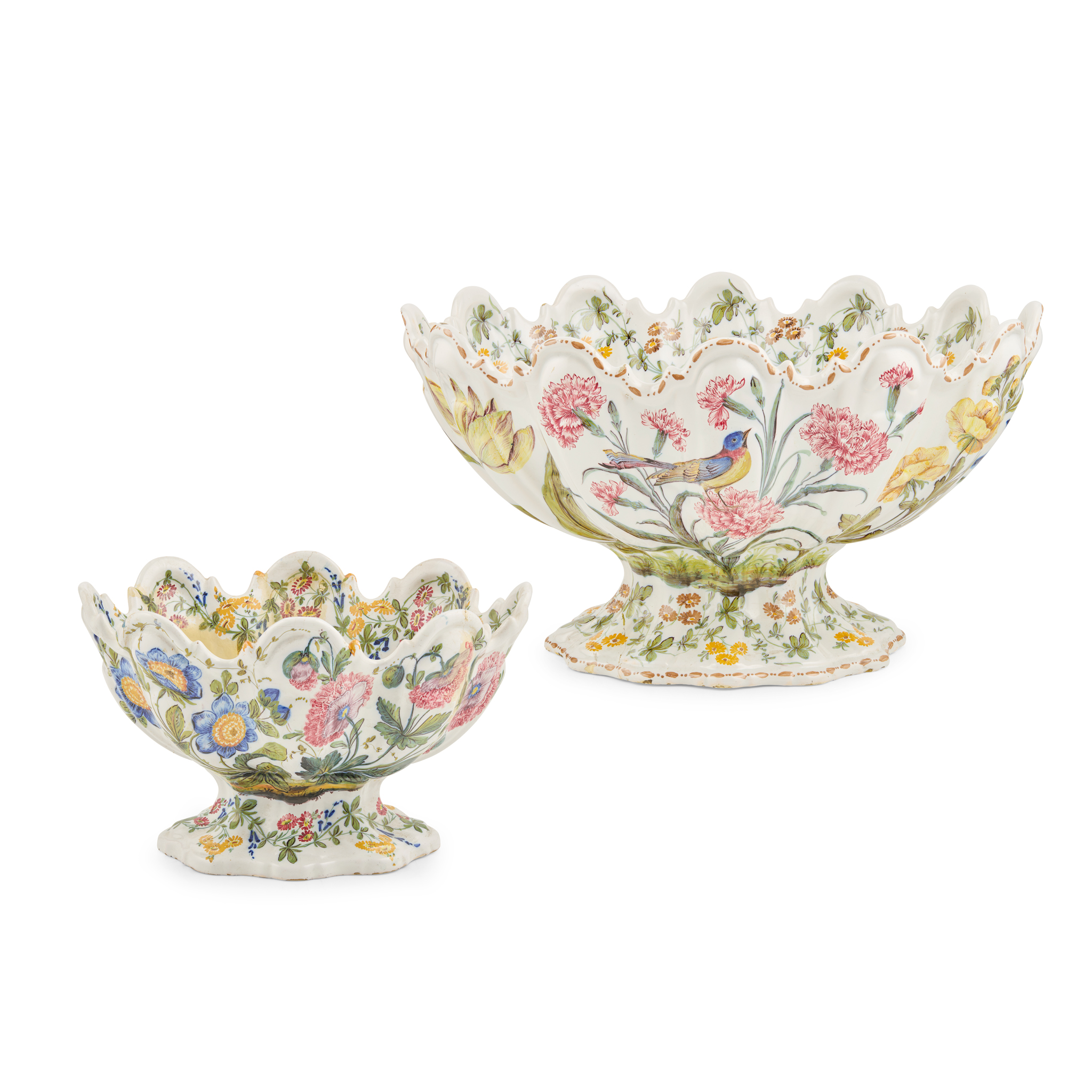 TWO NOVE FAIENCE PEDESTAL BOWLS OR MONTEITHS