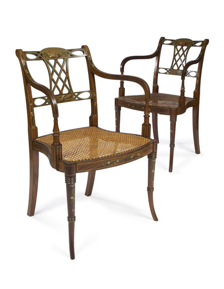 A set of four Regency period mahogany and floral painted armchairs In the style of George Seddon
