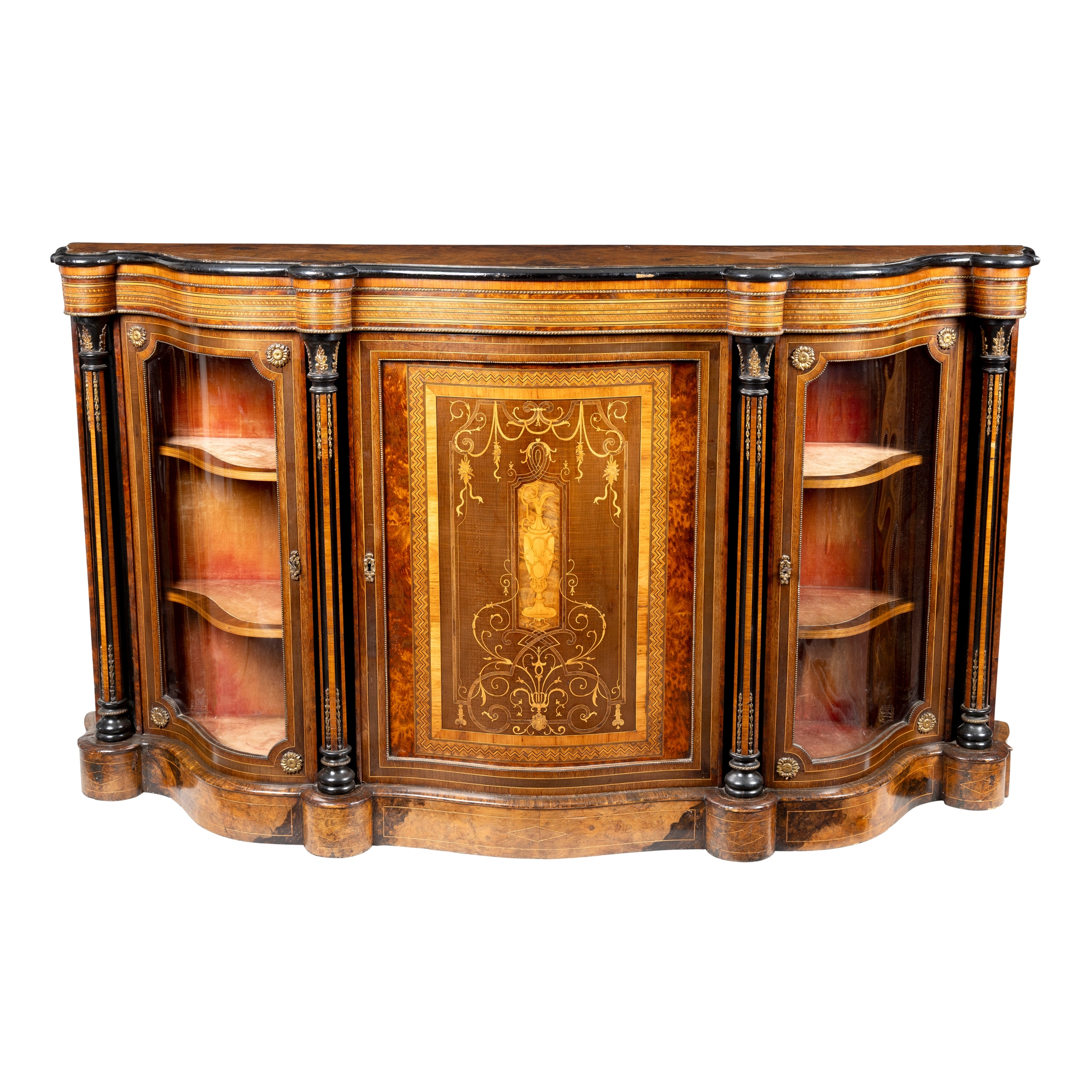 A VICTORIAN BURR WALNUT, INLAID, EBONISED AND MARQUETRY INLAID CREDENZA