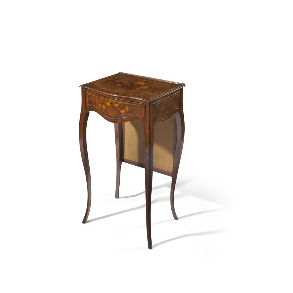 A GEORGE III MAHOGANY, BURR WOOD, FRUITWOOD AND MARQUETRY WORK TABLE