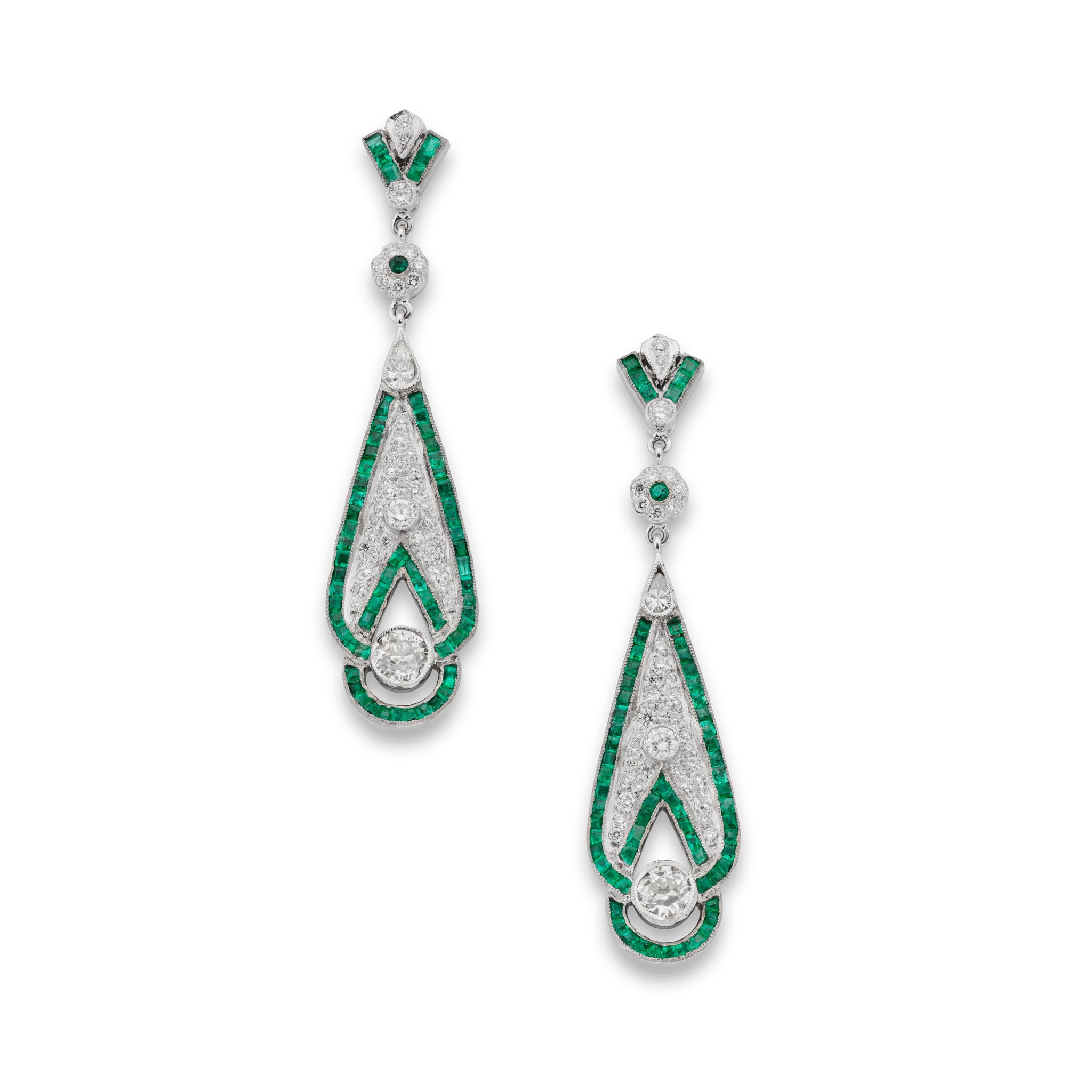 A pair of emerald and diamond pendent earrings