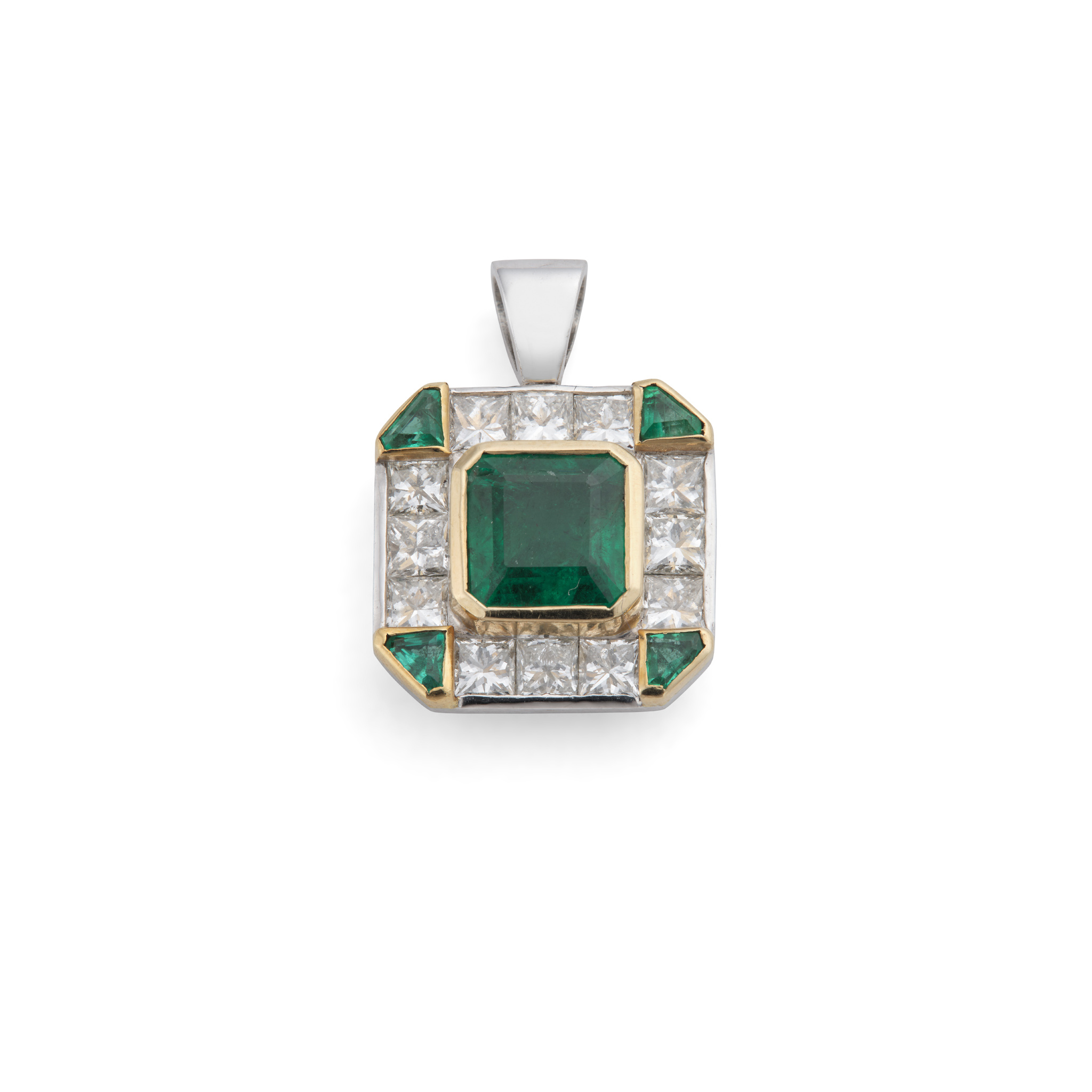 An emerald and diamond cluster pendant