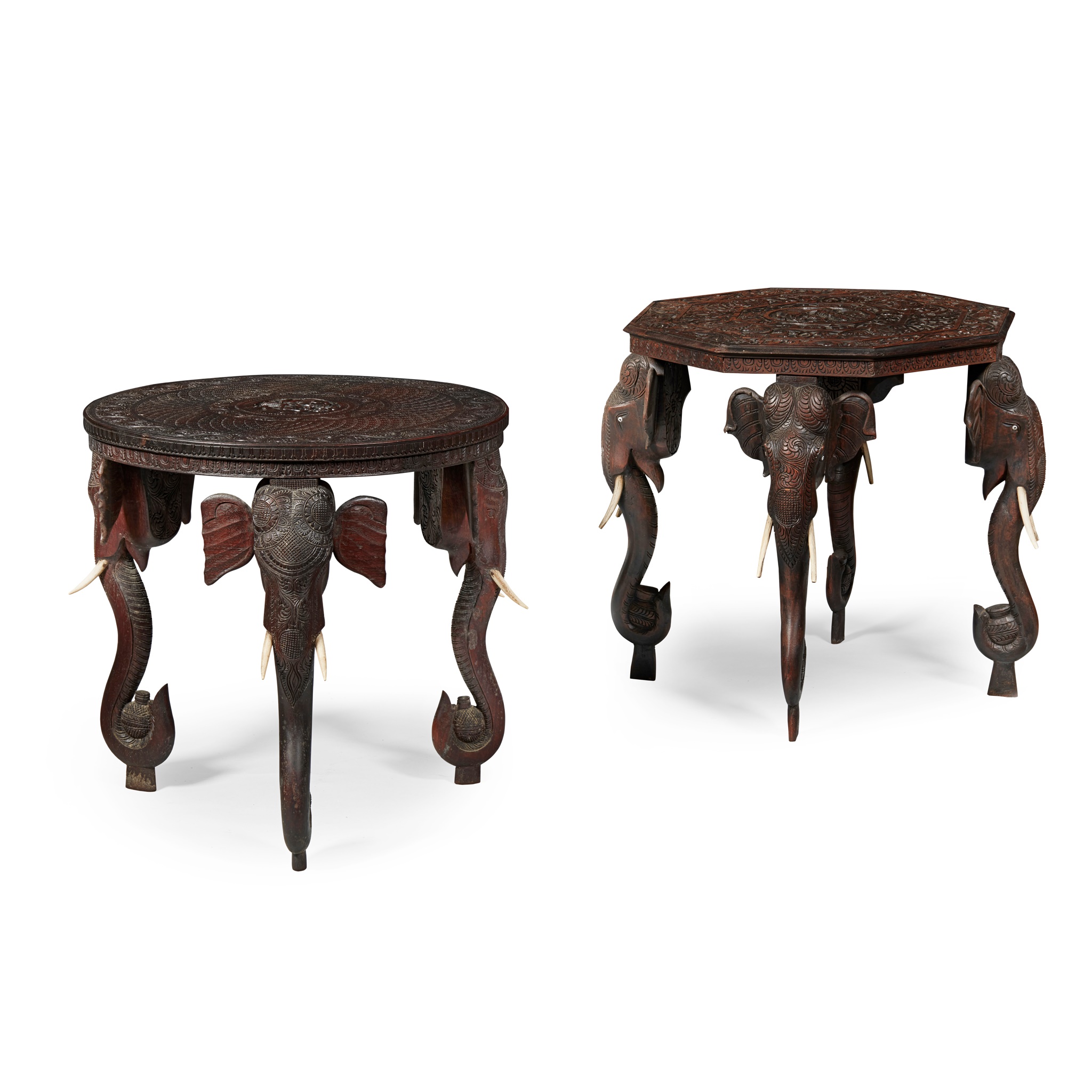TWO INDIAN CARVED HARDWOOD AND IVORY OCCASIONAL TABLES