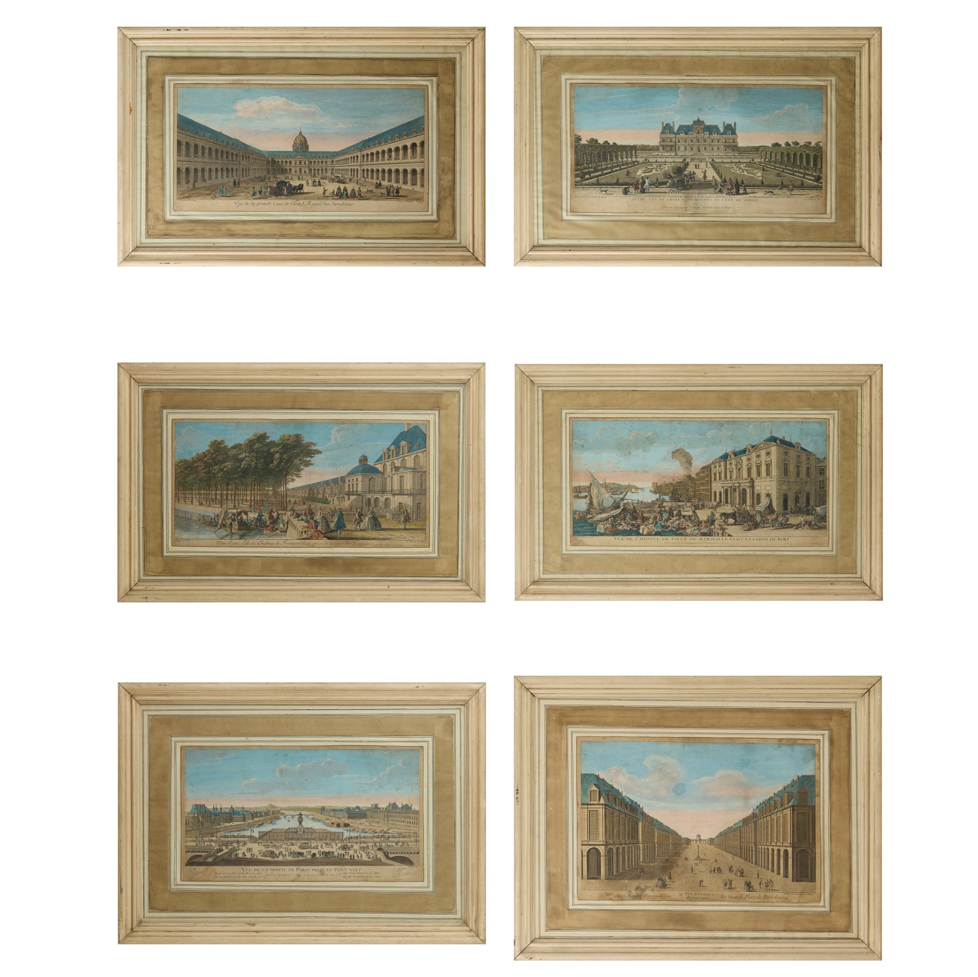 GROUP OF SIX FRENCH HAND-COLOURED ENGRAVINGS, THE FRAMES BY COLEFAX & FOWLER