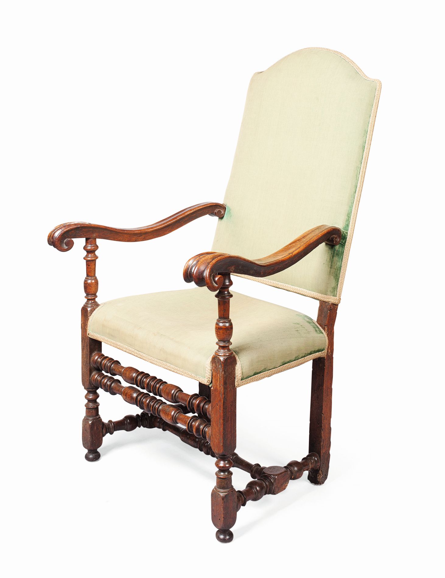 CHARLES II WALNUT AND UPHOLSTERED OPEN ARMCHAIR