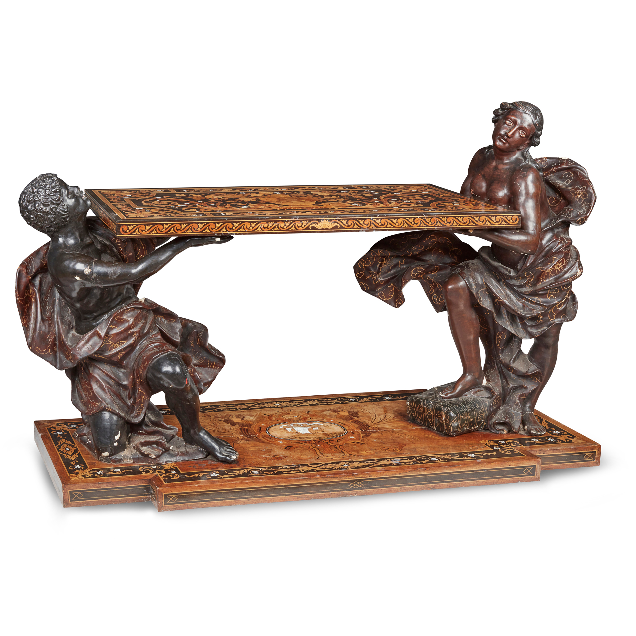A DUTCH WALNUT, EBONY, EBONISED, MOTHER-OF-PEARL AND IVORY MARQUETRY CONSOLE TABLE