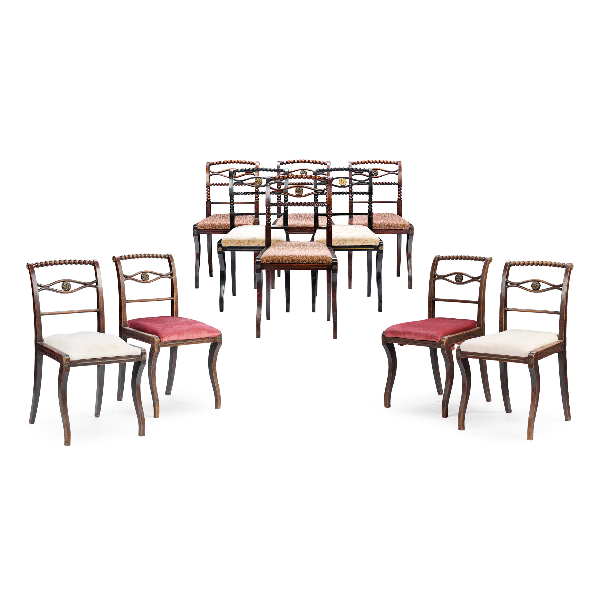 MATCHED SET OF TEN REGENCY BRASS MOUNTED STAINED BEECH DINING CHAIRS