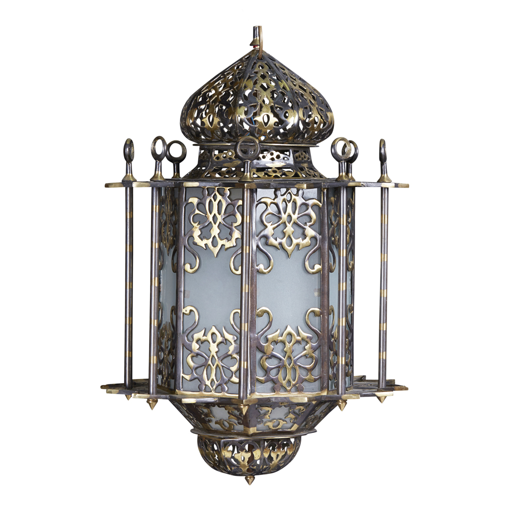 PAIR OF PATINATED AND POLISHED BRASS HANGING LANTERNS