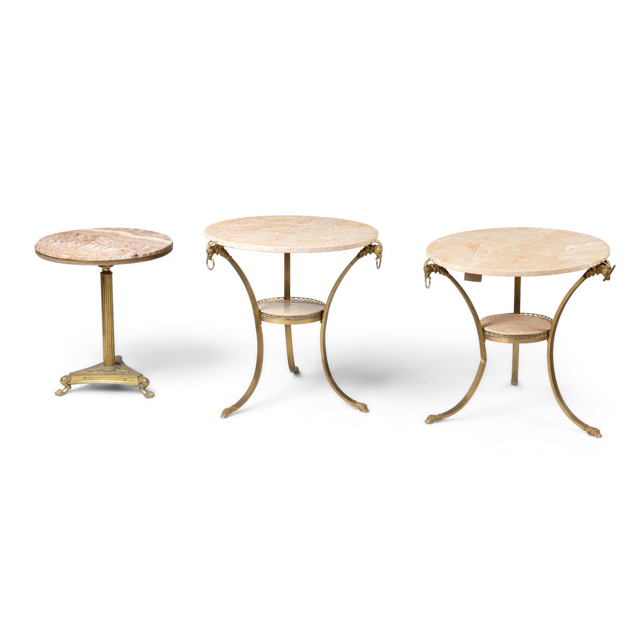A PAIR OF GILT METAL AND PINK MARBLE CIRCULAR OCCASIONAL TABLES