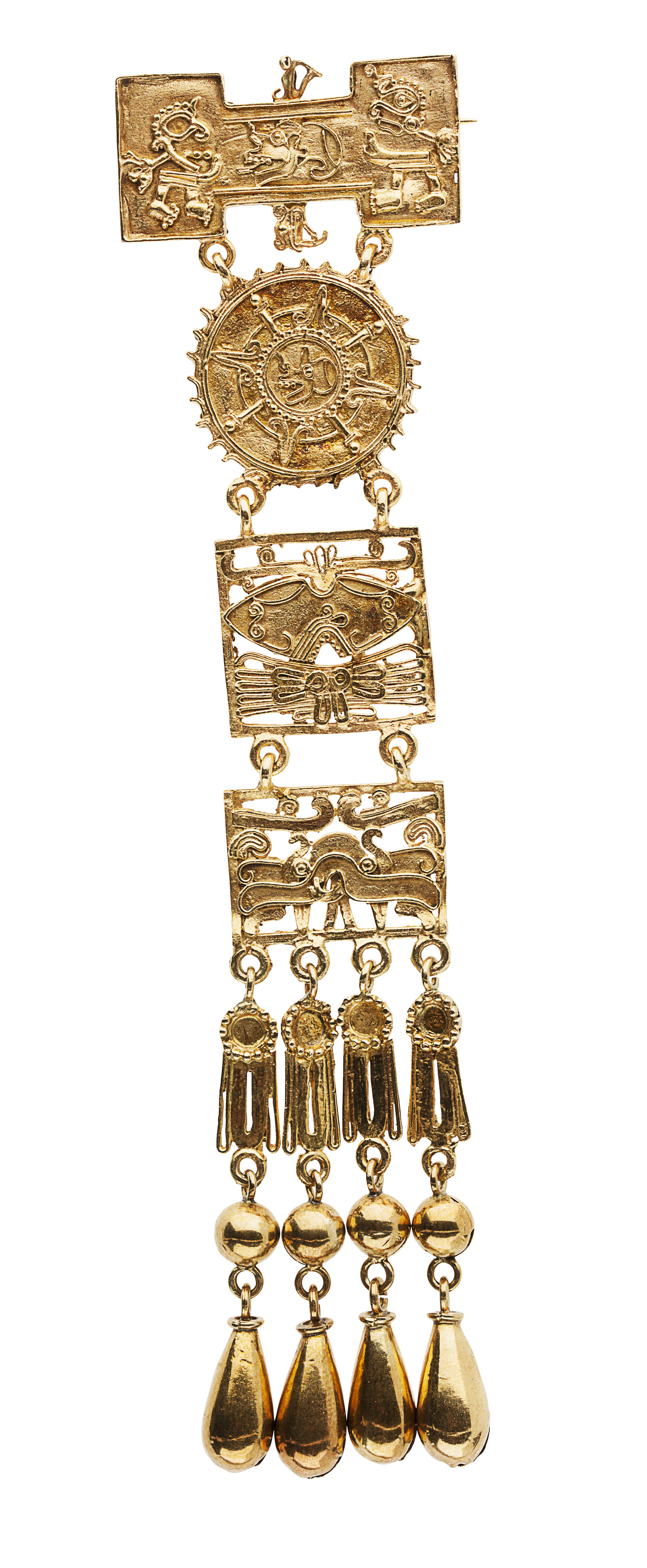 Three Aztec inspired brooches