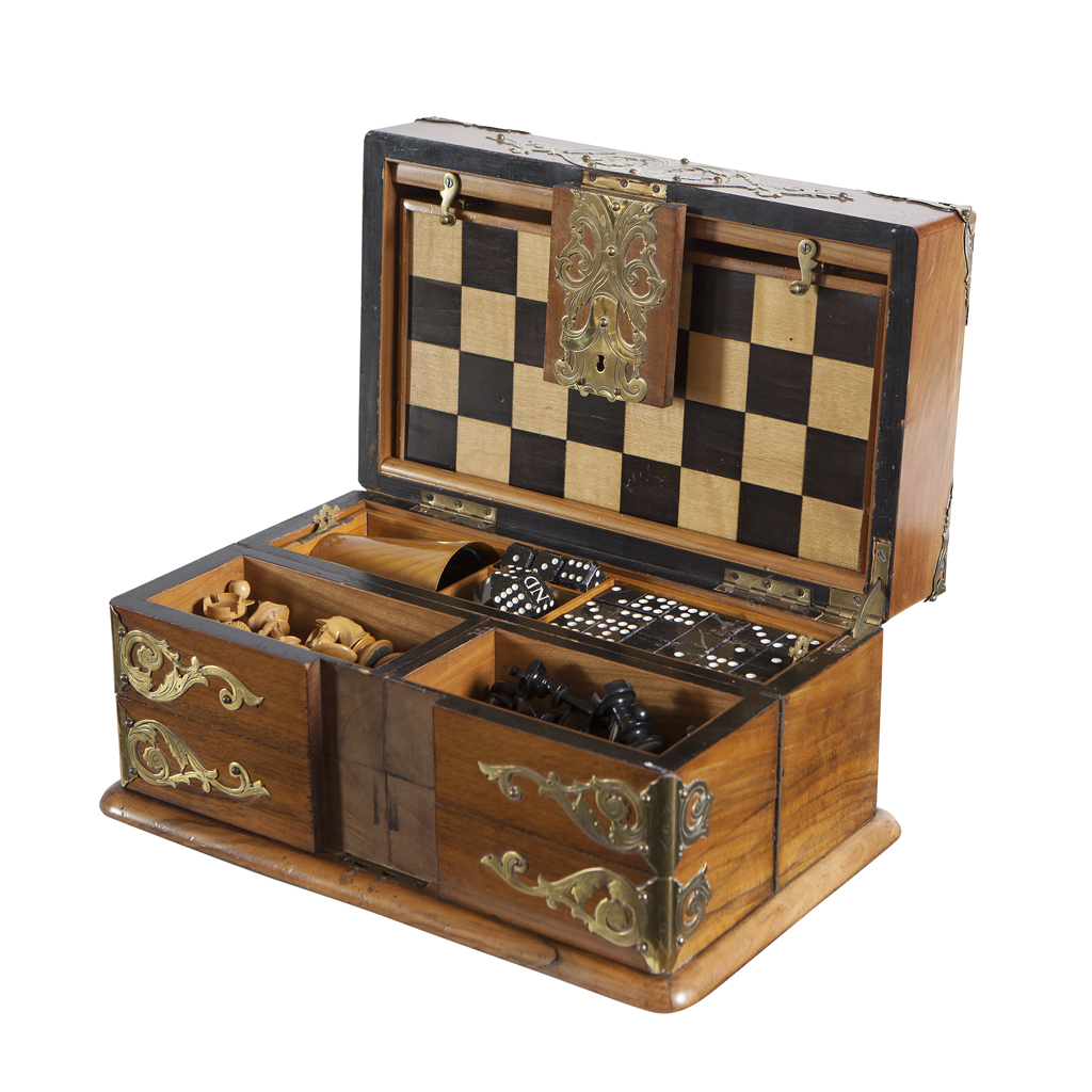 A GOOD VICTORIAN WALNUT AND BRASS BOUND GAMES COMPENDIUM