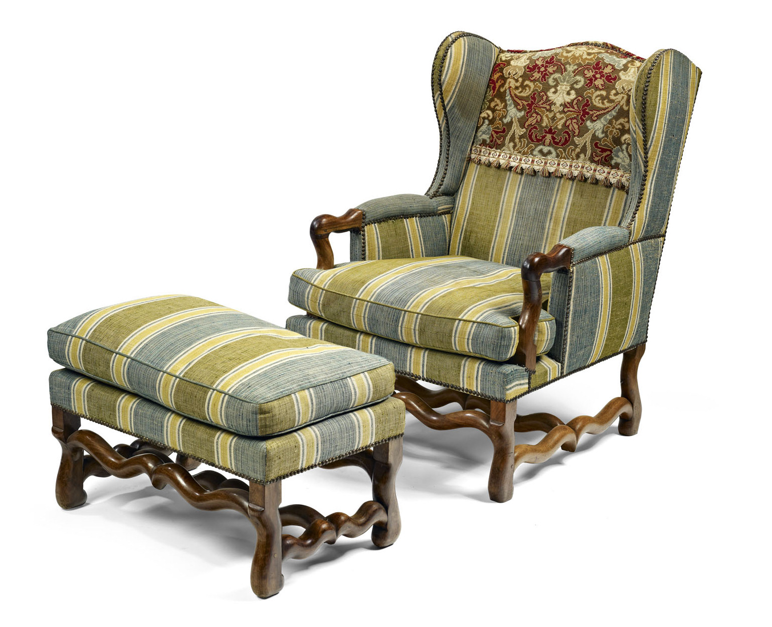 PAIR OF 17TH CENTURY STYLE WALNUT AND UPHOLSTERED ARMCHAIRS
