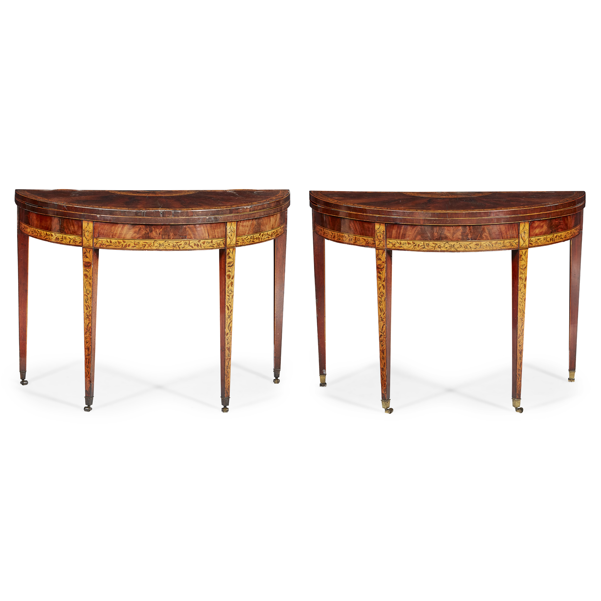 PAIR OF GEORGE III MAHOGANY, SATINWOOD AND PENWORK DEMILUNE GAMES TABLES, POSSIBLY IRISH