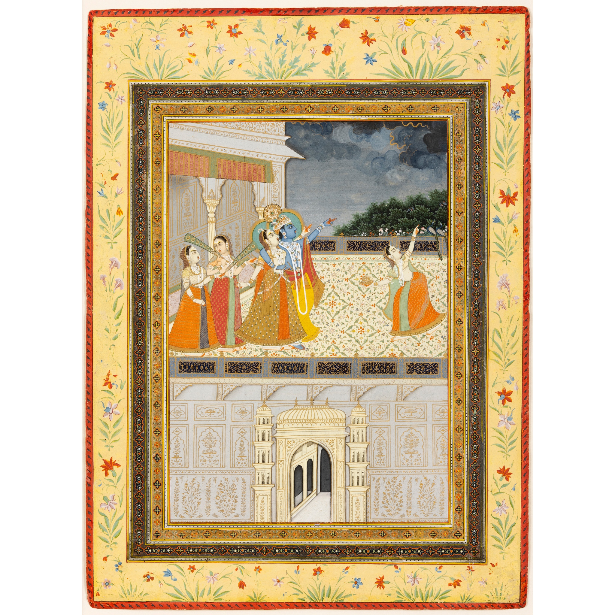 AN ILLUSTRATION FROM A RAGAMALA SERIES: KRISHNA WITH RADHA AND GOPIS ON A TERRACE