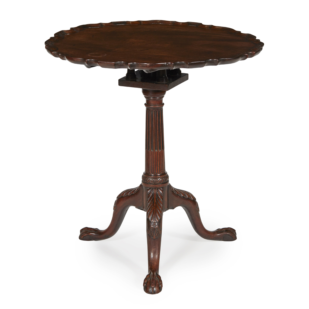 EARLY GEORGE III MAHOGANY PIECRUST BIRDCAGE TEA TABLE