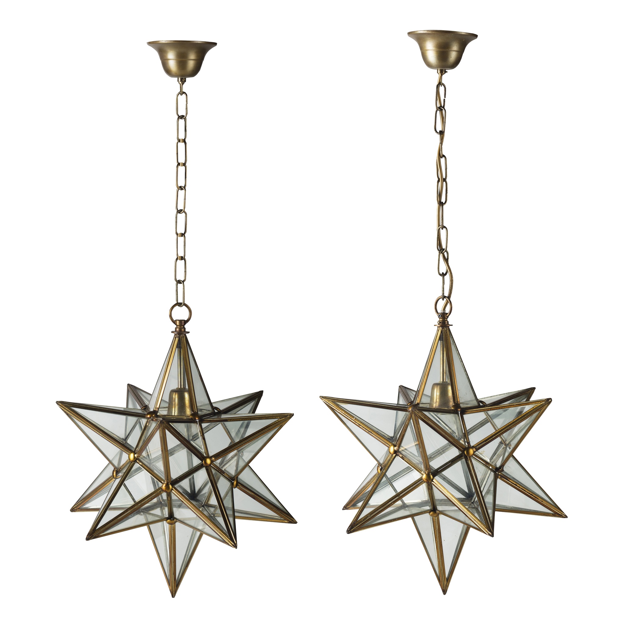 PAIR OF STAR-SHAPED GLASS AND BRASS HANGING LIGHTS