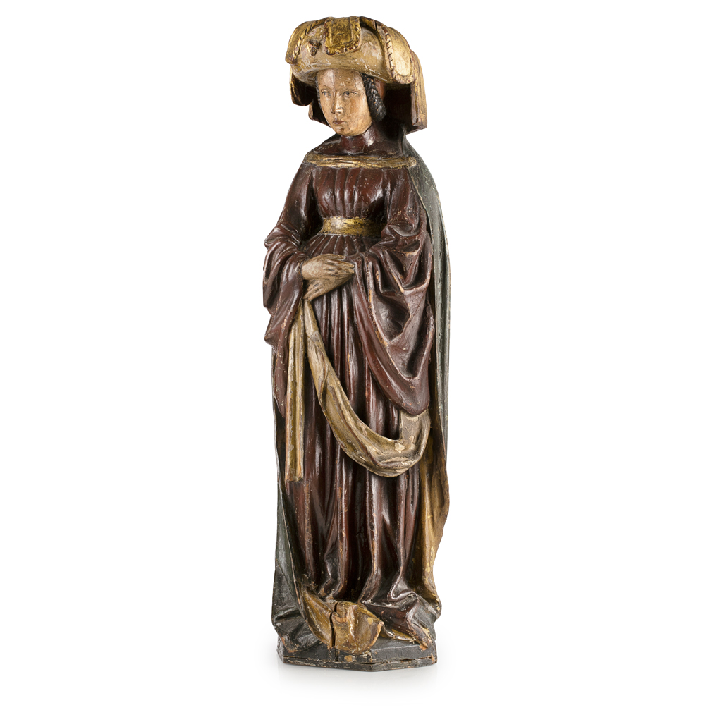 CONTINENTAL CARVED, POLYCHROME AND PARCEL GILT OAK 'MOURNER' FIGURE