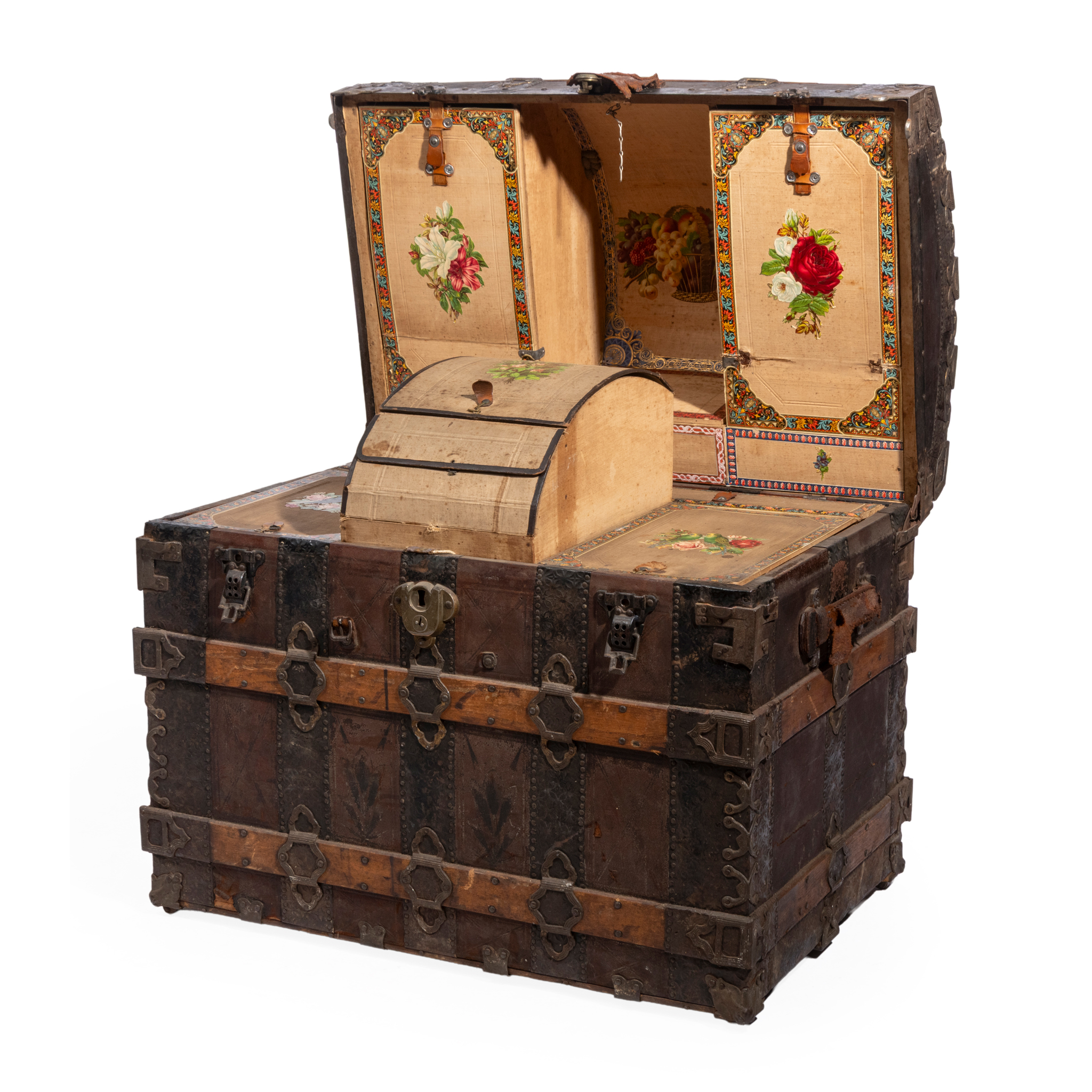 A VICTORIAN EMBOSSED LEATHER, OAK , WHITE METAL AND BRASS MOUNTED DOMED STEAMER TRUNK