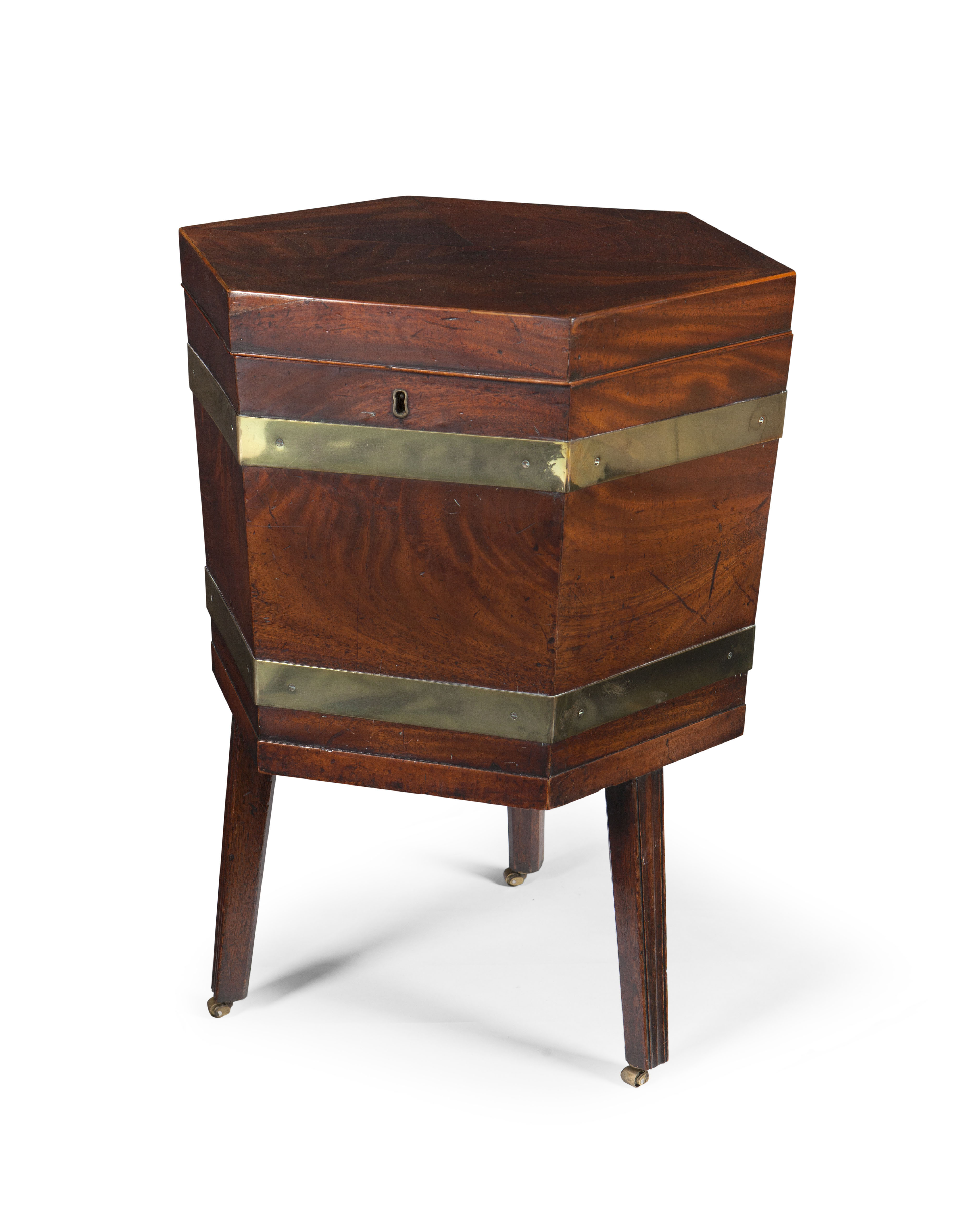 GEORGE III HEXAGONAL MAHOGANY AND BRASS BOUND CELLARETTE