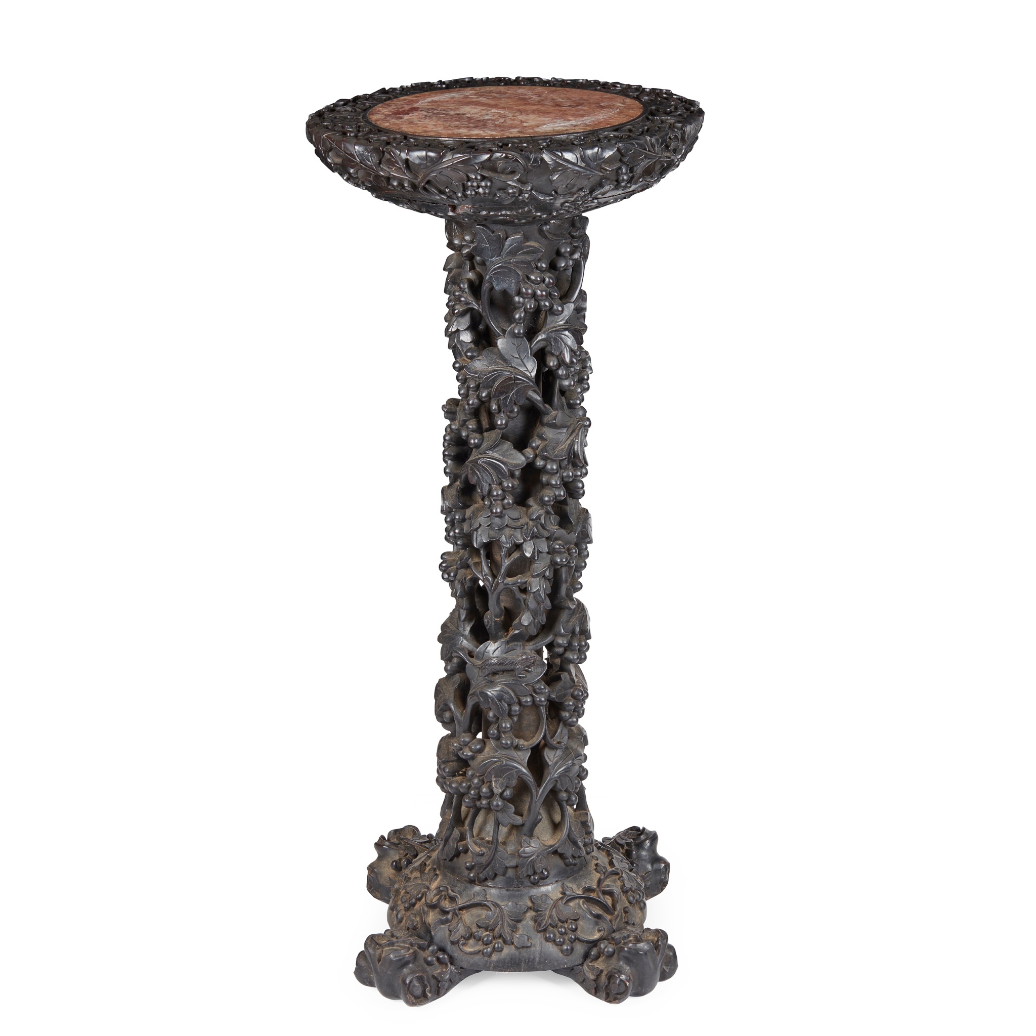 CARVED HARDWOOD AND MARBLE INLAID PEDESTAL