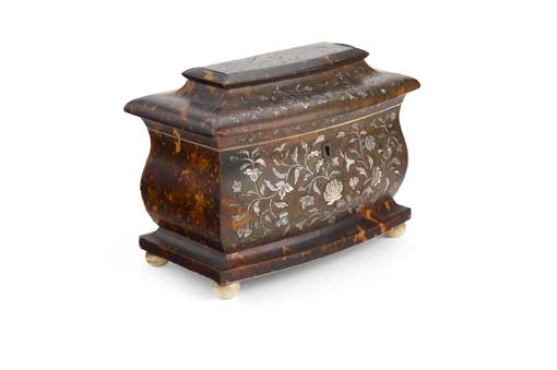 A Victorian tortoiseshell and mother of pearl inlaid bombe tea caddy