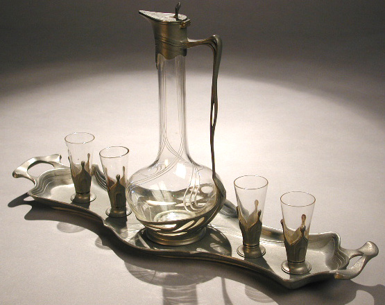 An Orivit Art Nouveau pewter liquer set