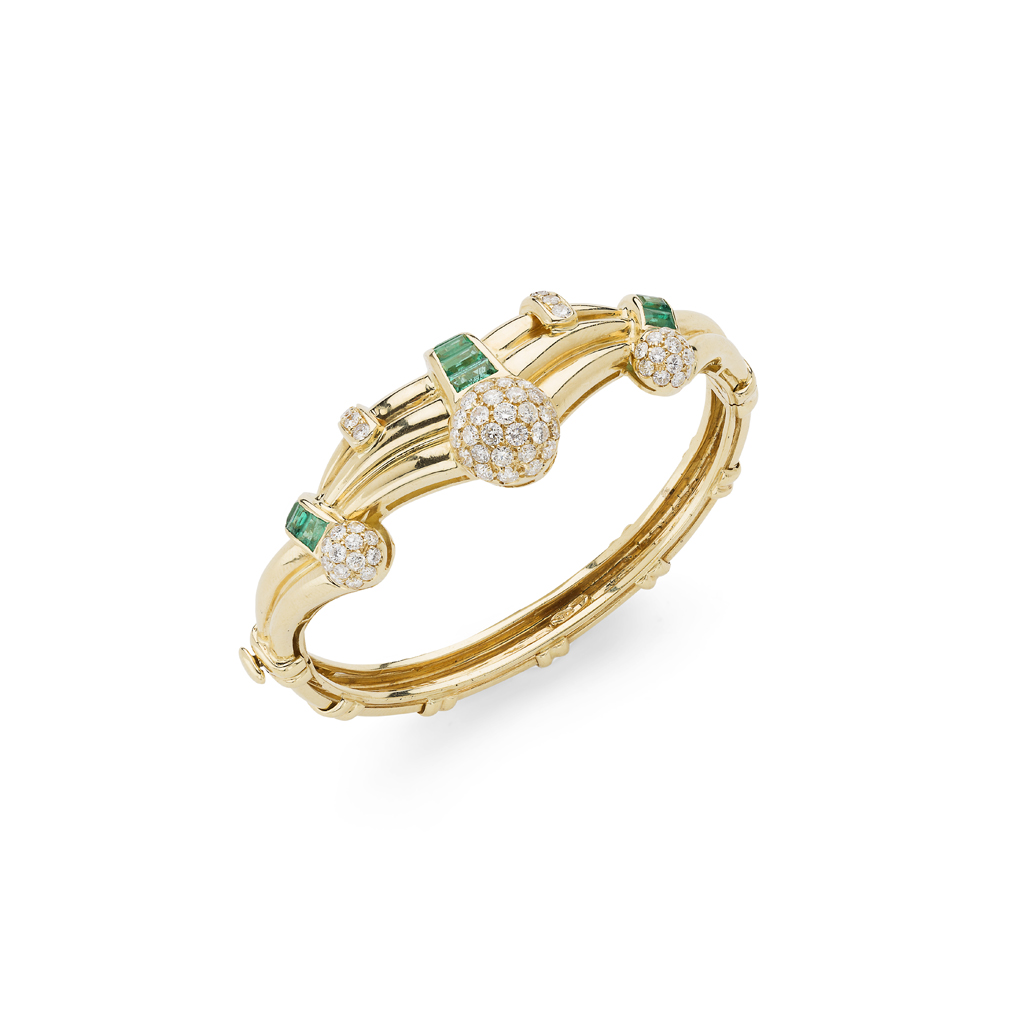 An emerald and diamond set bangle